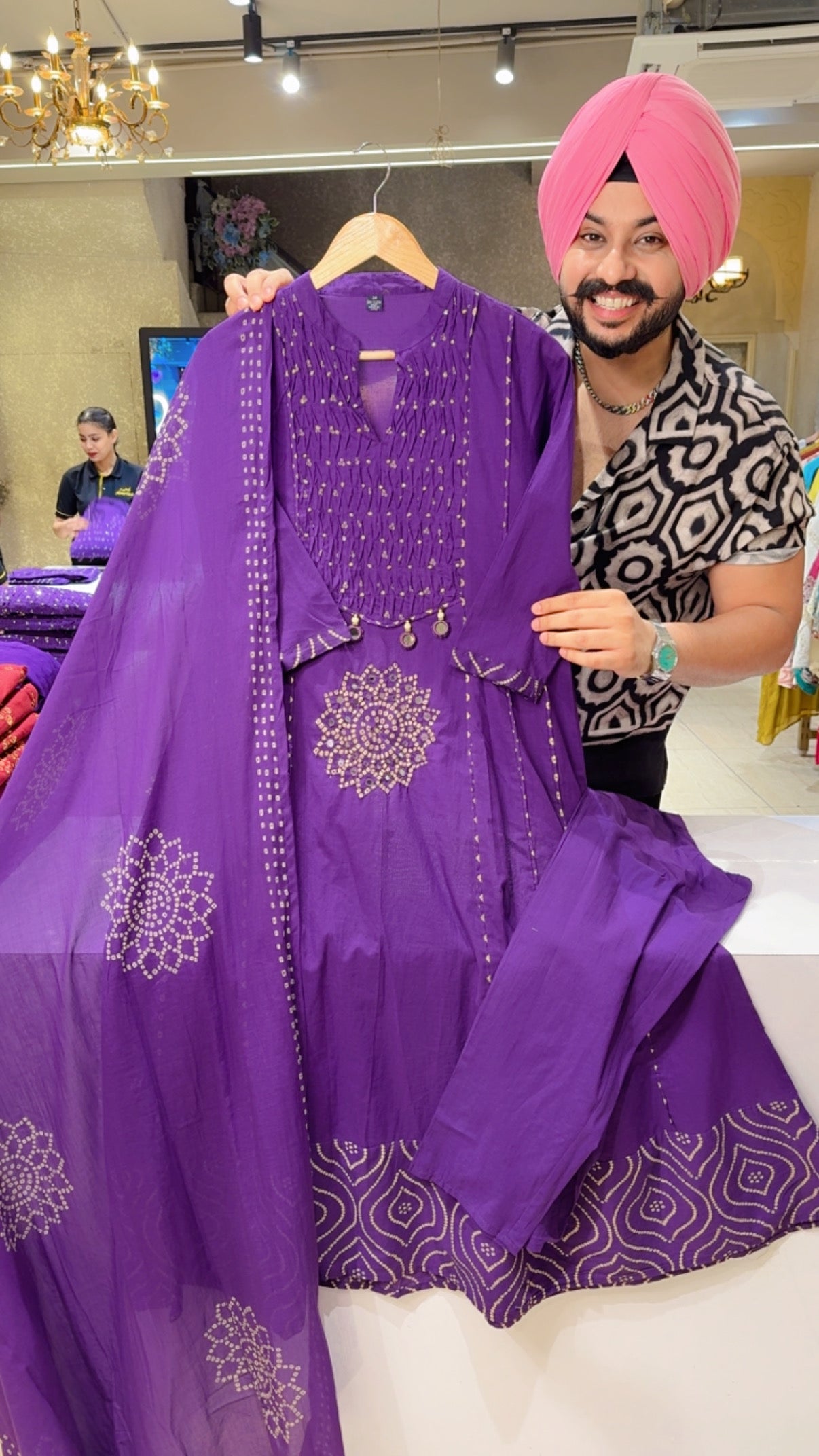 Purple Pure Cotton Bandhej print Mirror Work Semi formal Anarkali suit