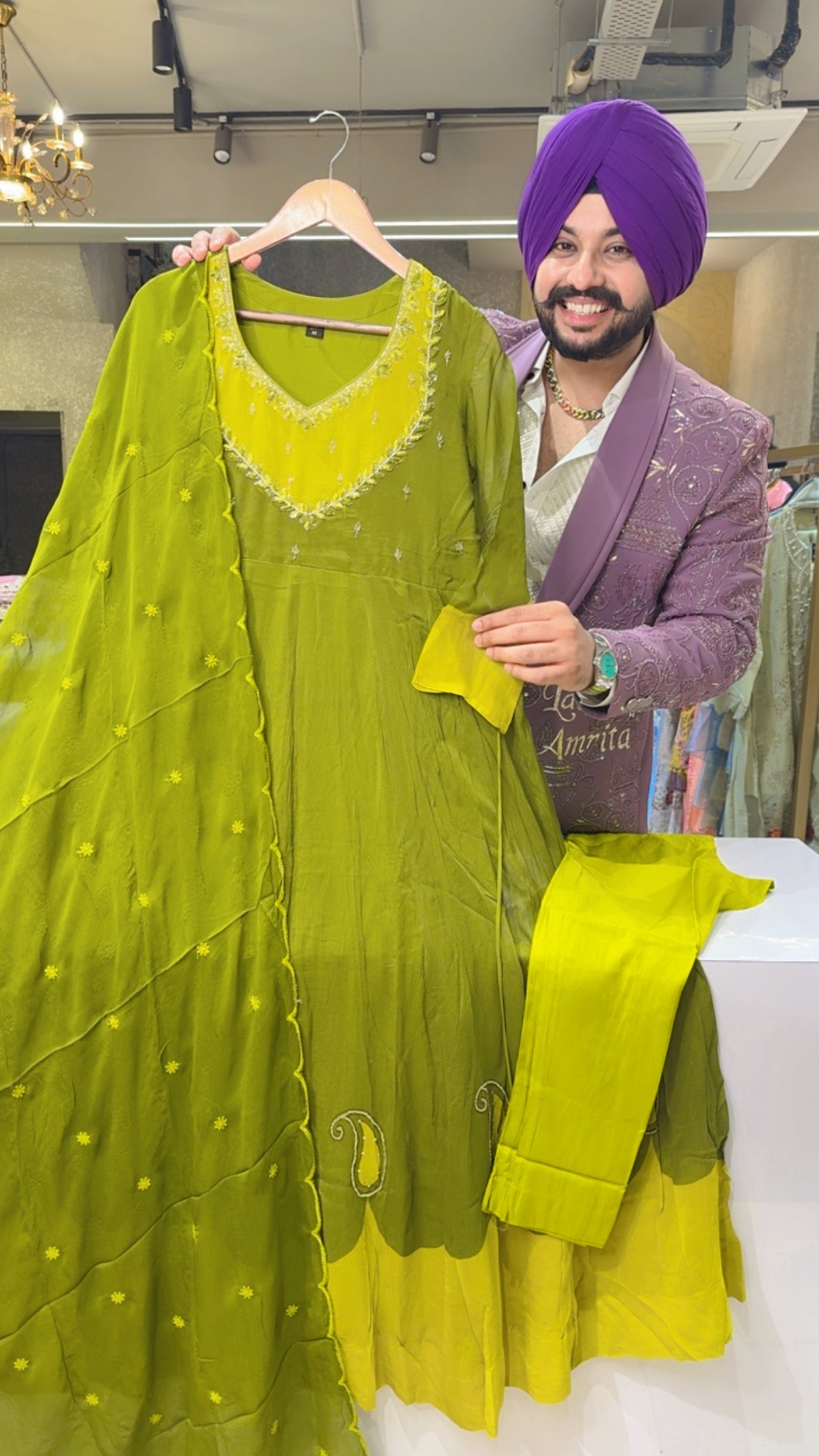 Mehendi Green Chiffon Girlish Anarkali Suit With Hand Embroidery Work On Neck & Border