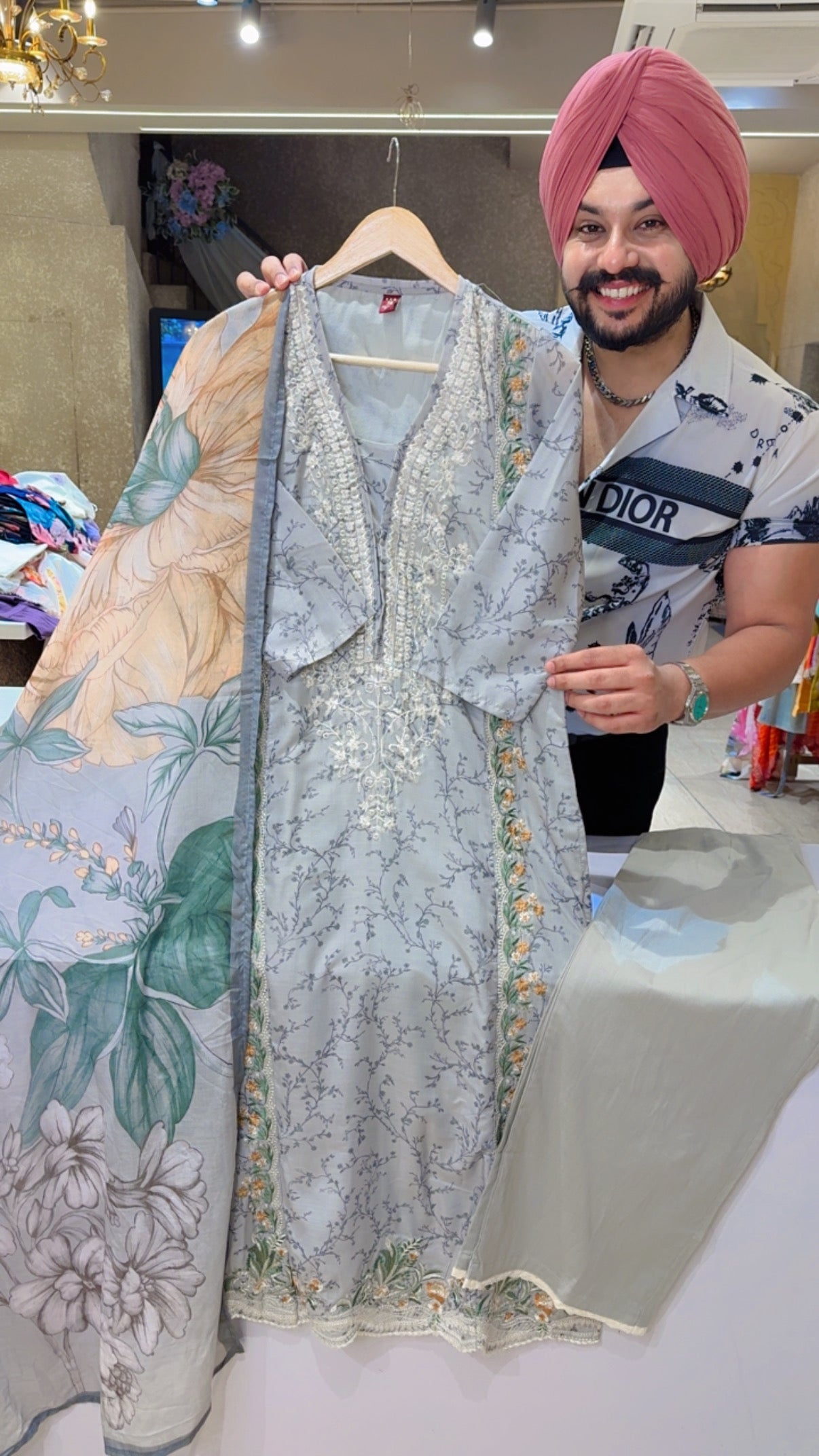 English Grey Beautiful Embroidered Summerish Semiformal Suit with Mal Mal Duppata