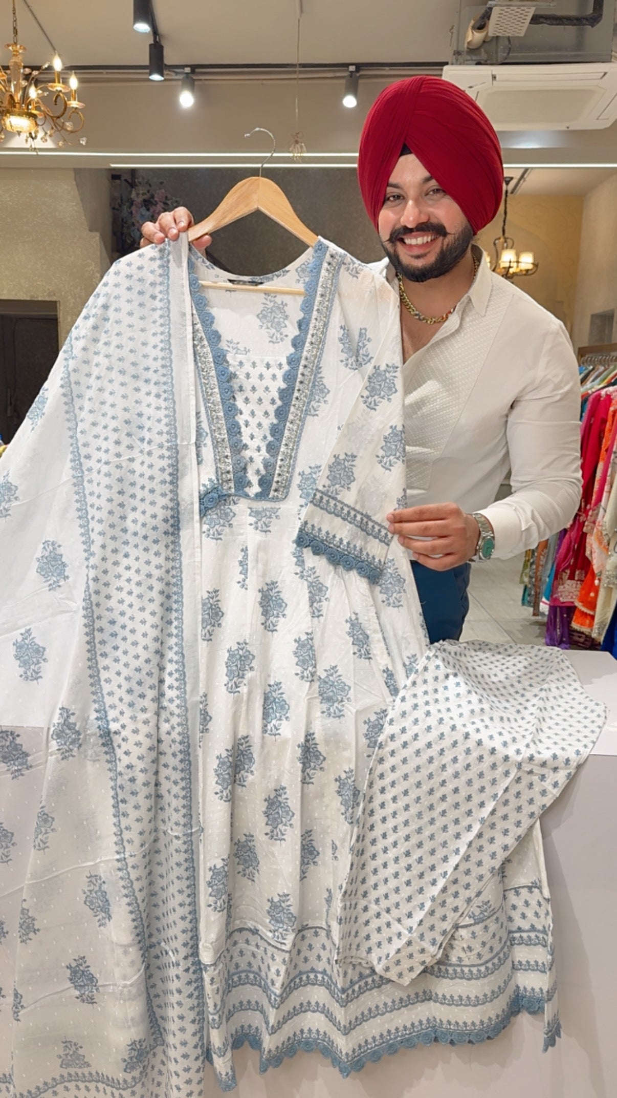 Moon White & Powder Blue Pure Cotton Sleek Crochet & hand work on neck