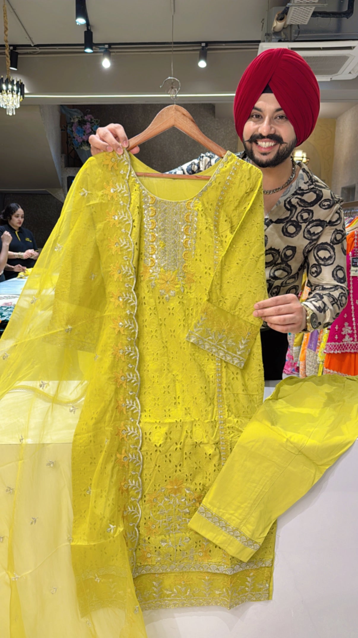 Greenish Yellow Pure Cotton Heavy embroidered & Shifli Work Straight Suit Organza Duppata