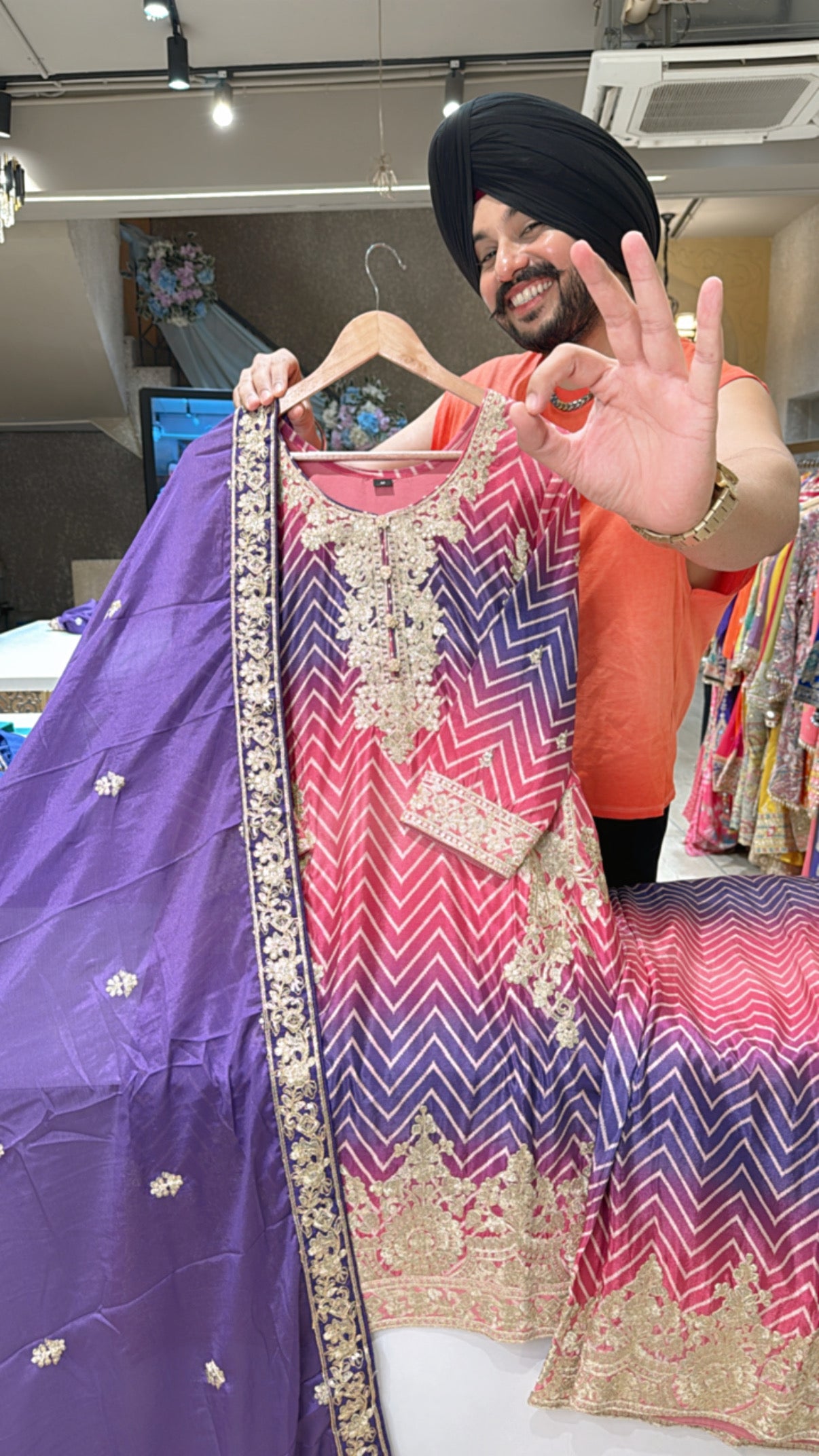 Pink & Purple Chinon Heavy embroidered Full Flair Plazo suit with Beautiful Embroidered Chinom Duppata