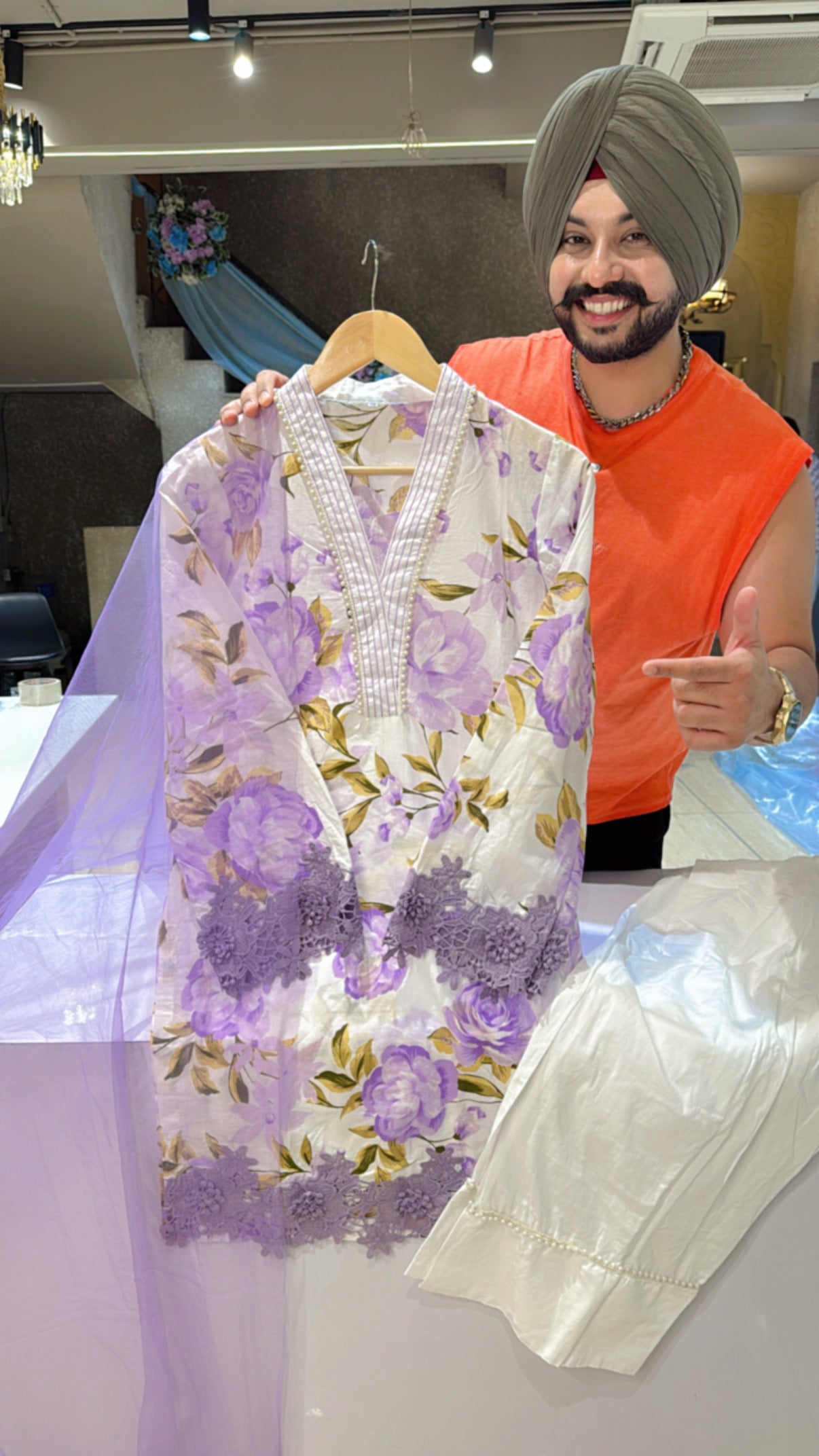Moon White & Purple Floral Print Cotton Farshi Salwar Set with crochet Work on it