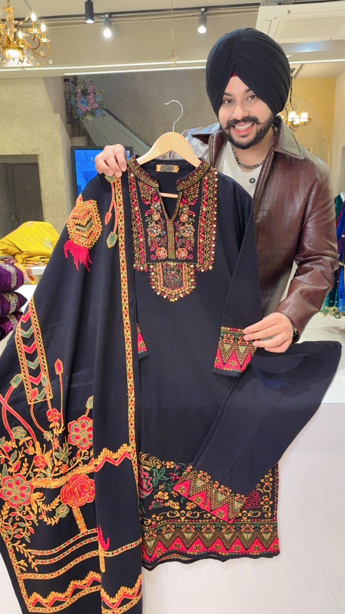 Black Woolen Hand Embroidered Straight Suit with Beautiful Embroidered Woolen Duppata