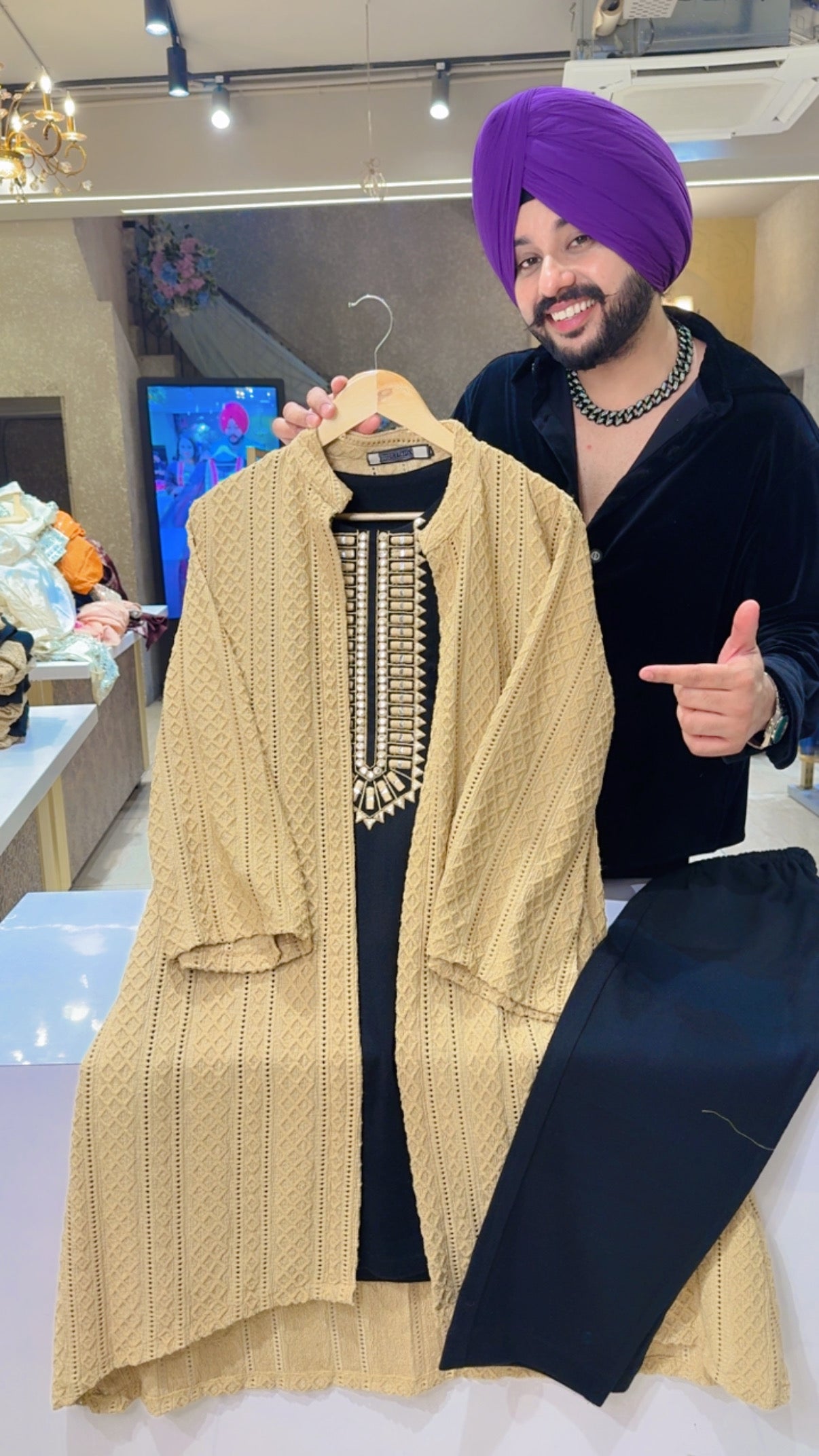 Black & Beige Woolen Long Length Embroidered Coord set with Stylish Shrug