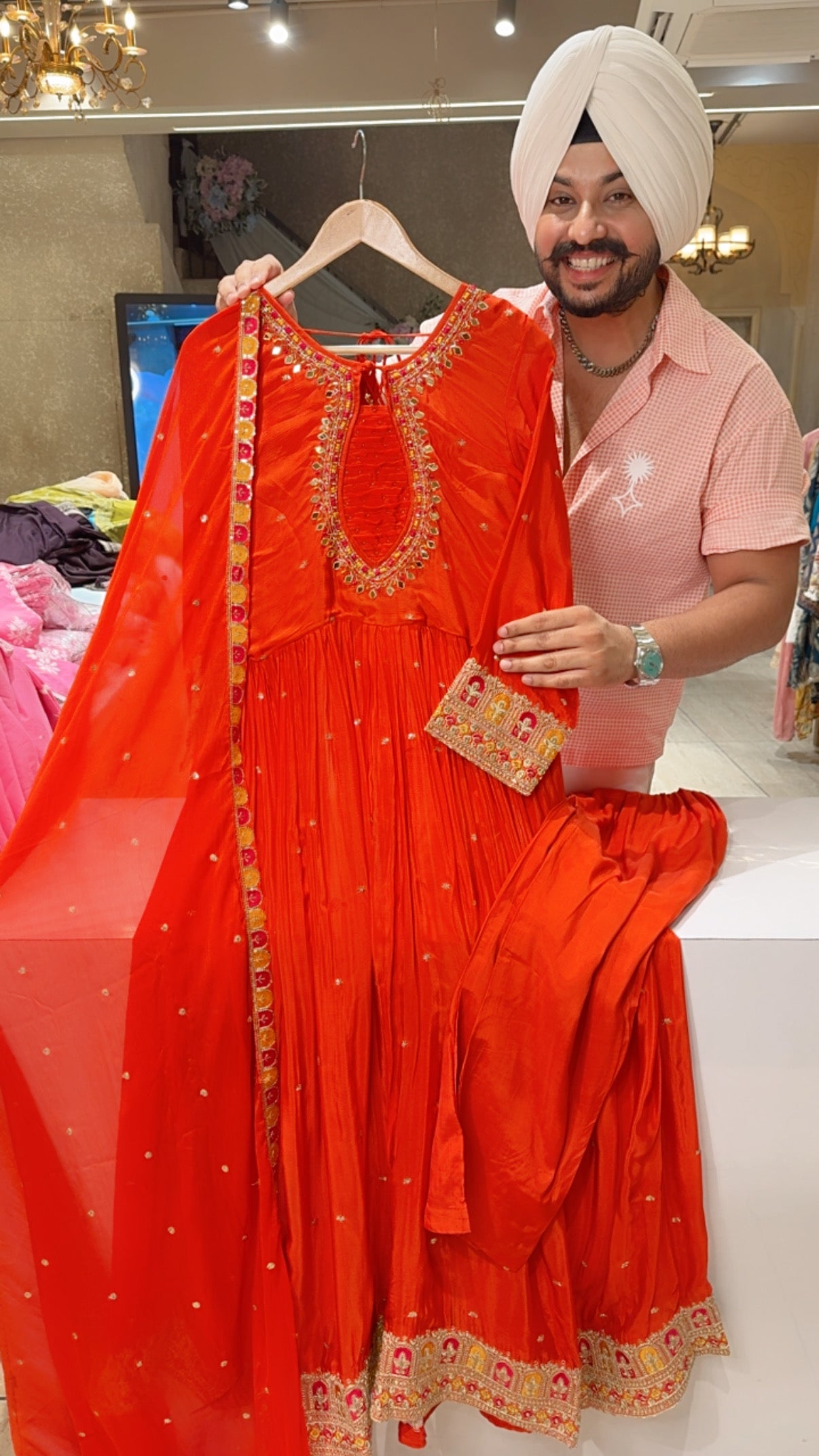 Orange Chinon Hand embroidered Designer Neck Full Flair Party Wear Anarkali Suit