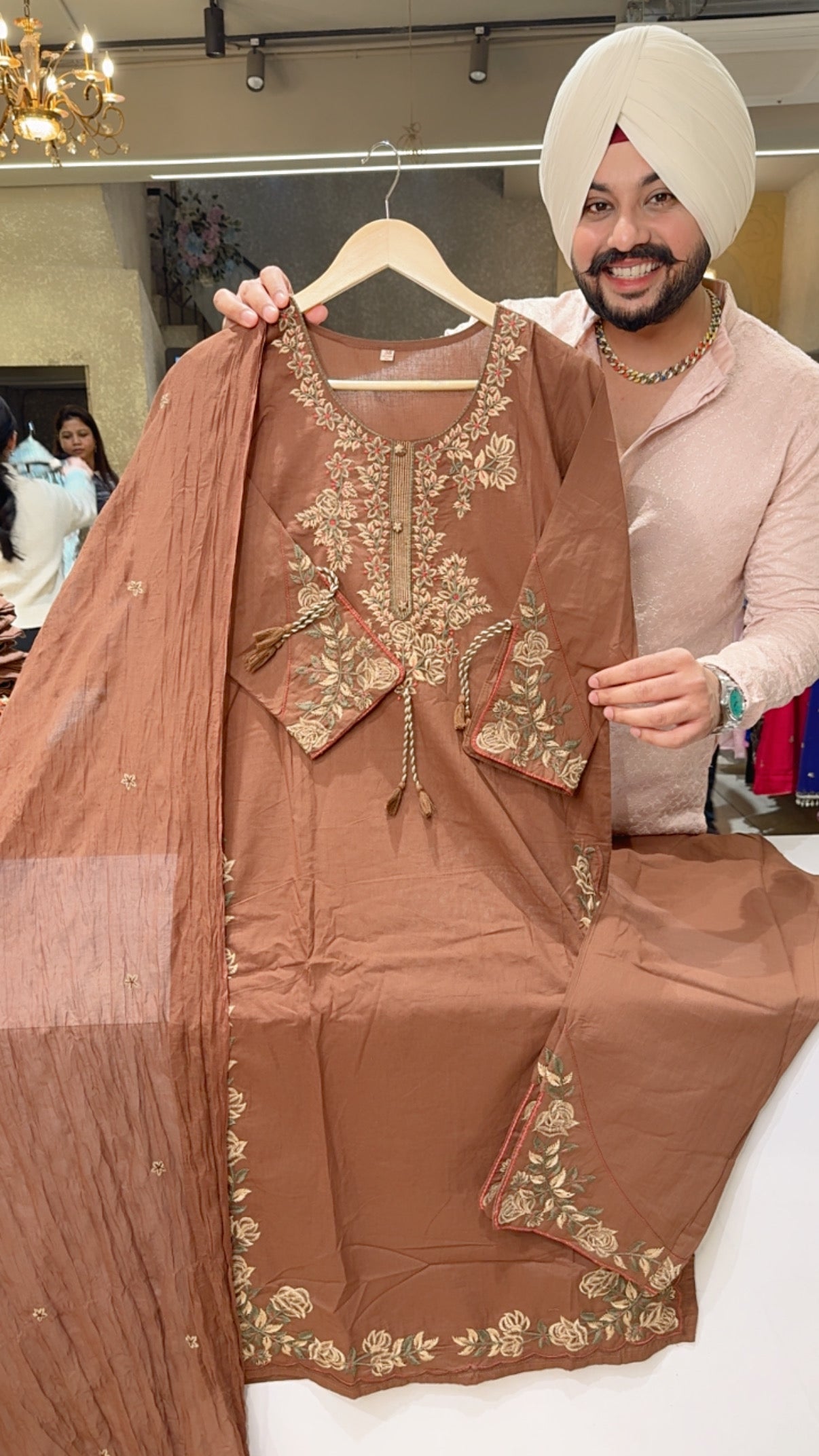 English Brown Soft Cotton Embroidered Crush Duppata Suit with Side Slit Sleeves & Pants