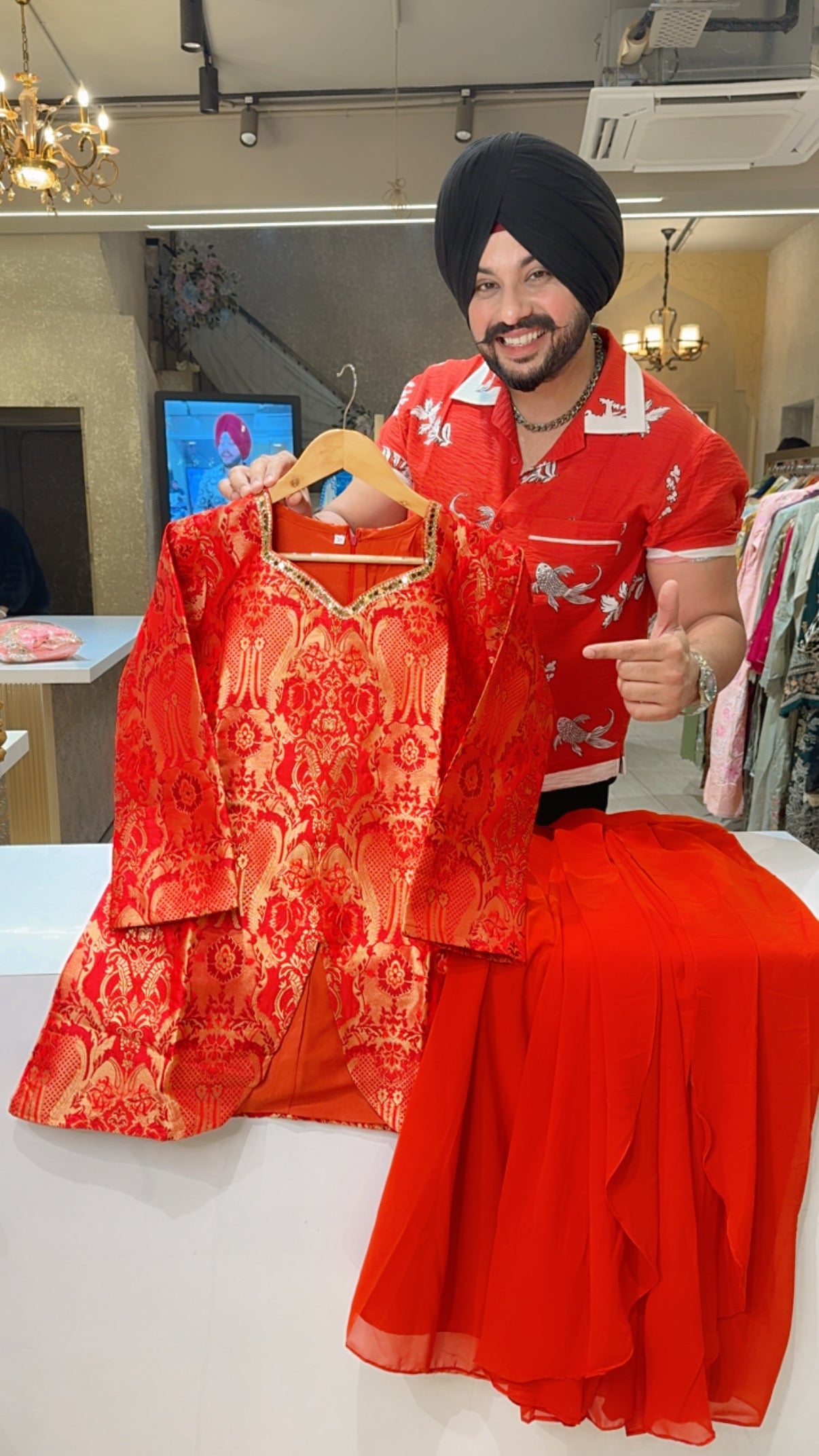 Orangish Red Brocade & Georgette Designer Drape Skirt Set IN