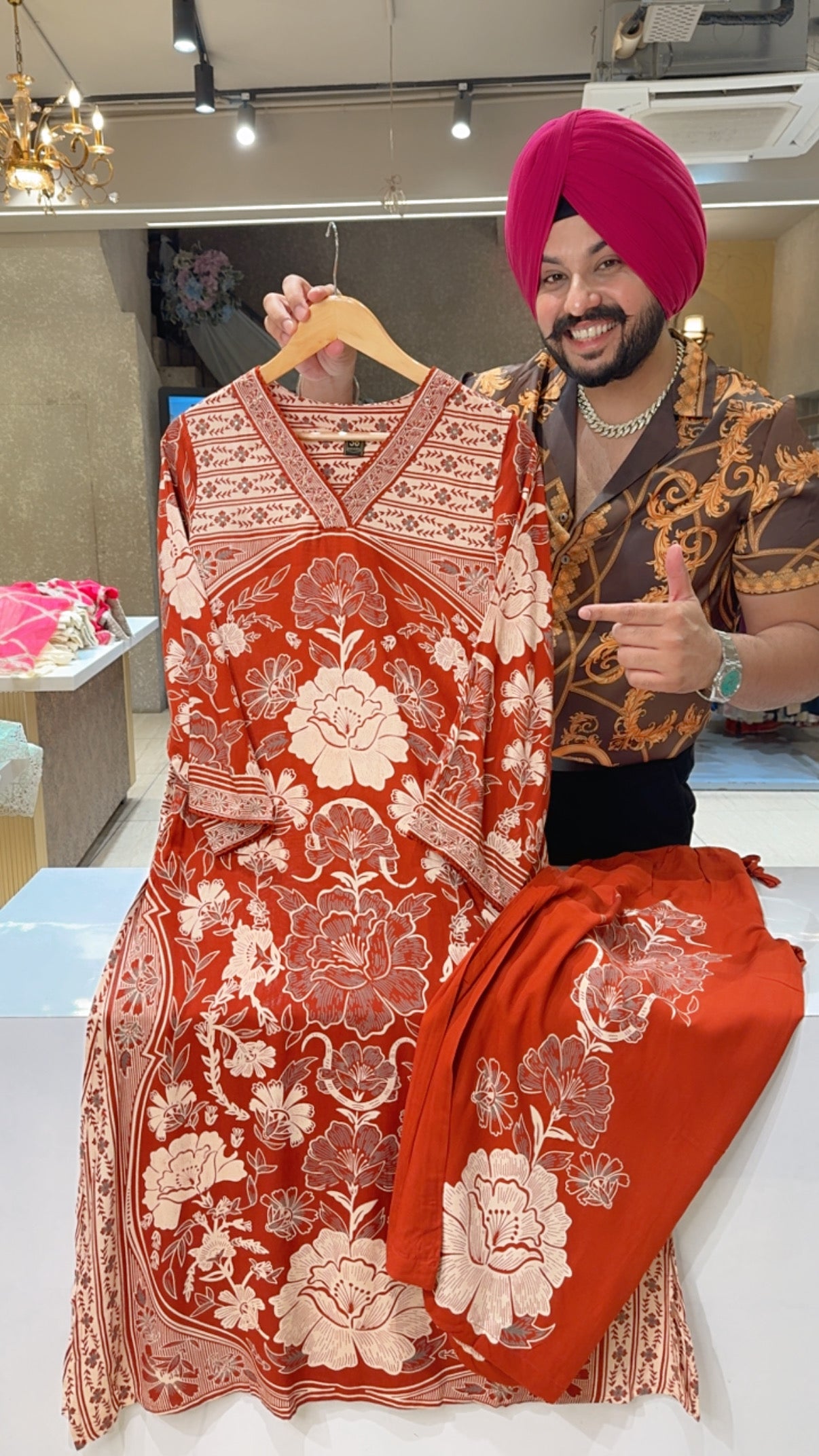 Rust Premium Rayon Floral Print Long Length Airport look Coordset set with sleek Embroidery Work on neck