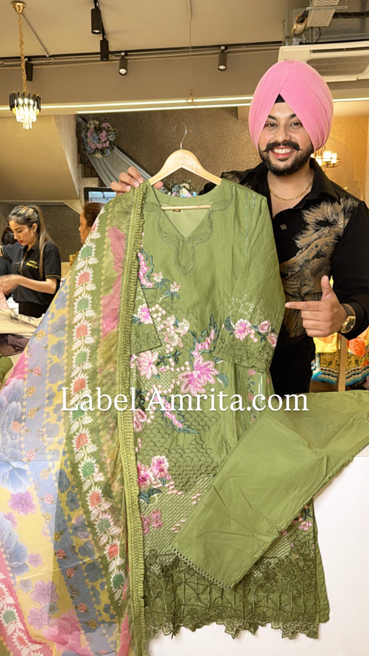 Leaf Green Pure Cotton Heavy embroidered & Cut Work straight Suit with Beautiful Chiffon Floral Print Duppata