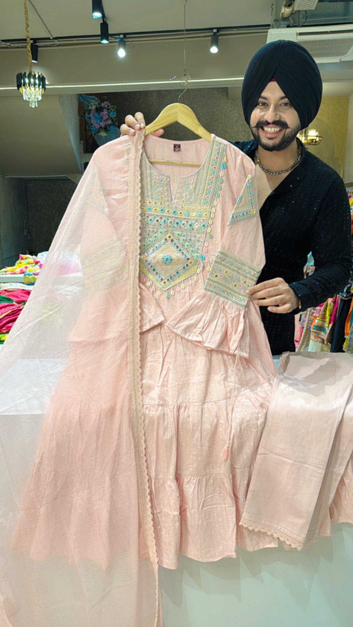 Pastel pink Jaquard Cotton Indowestern Anarkali Suit with Beautiful embroidery Work on neck & Sleeves