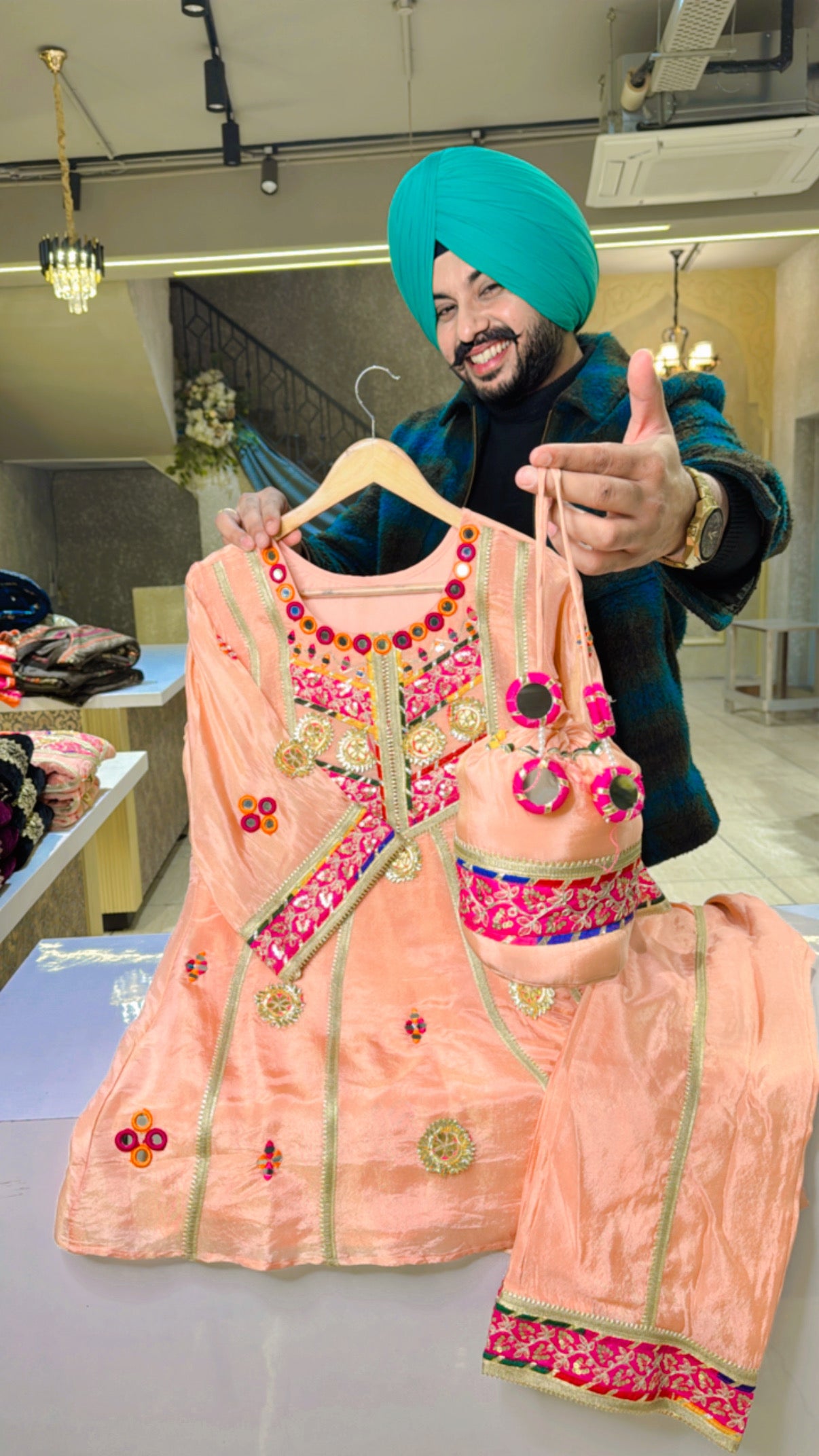 Peach Shimmer silk Tissue Gotta & mirror embroidered Paplum Coord set with Potli