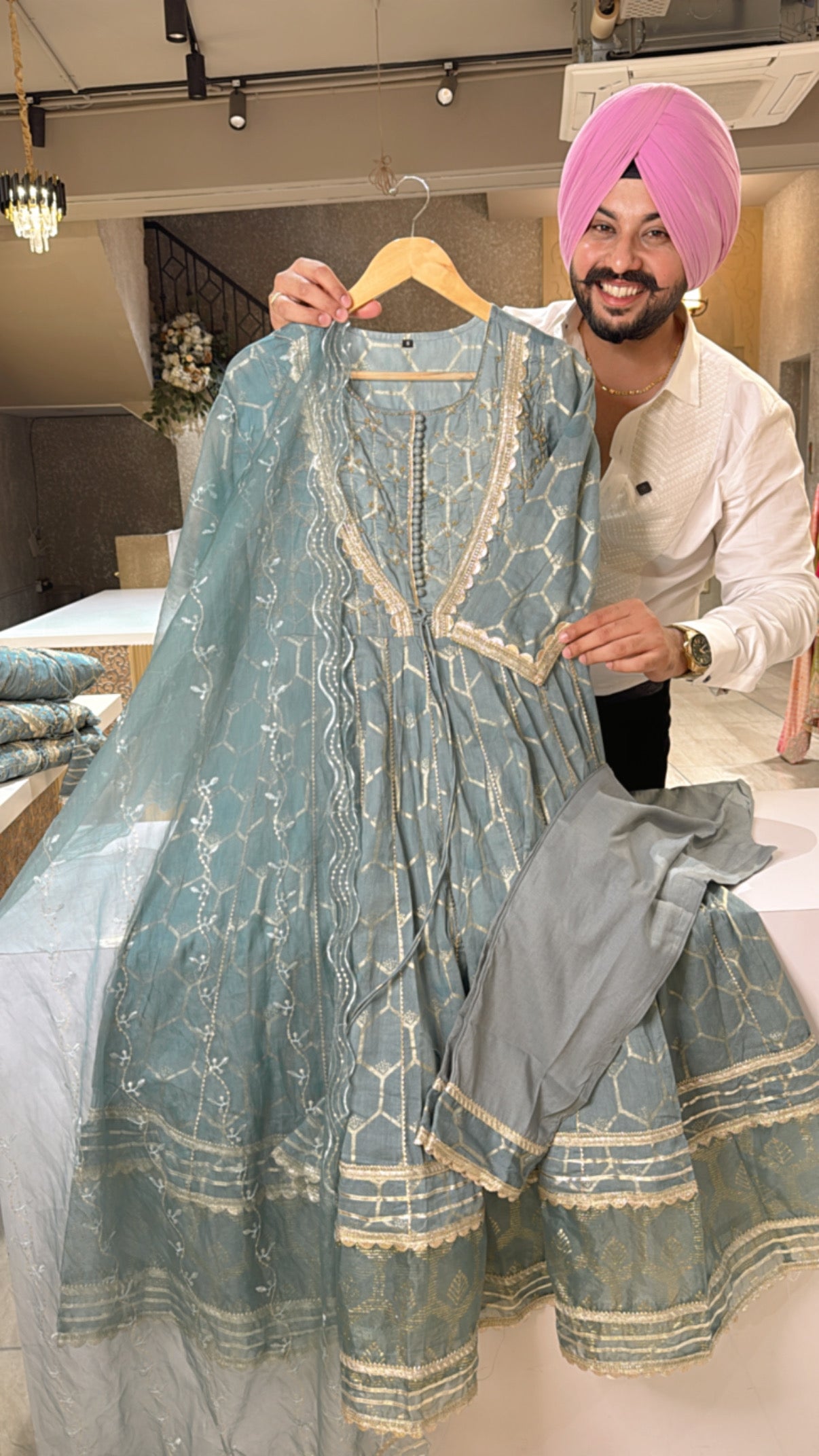 Powder Blue Pure Cotton Full Flair Anarkali Suit with Hand Embroidery on neck & Sequins work organza Duppata