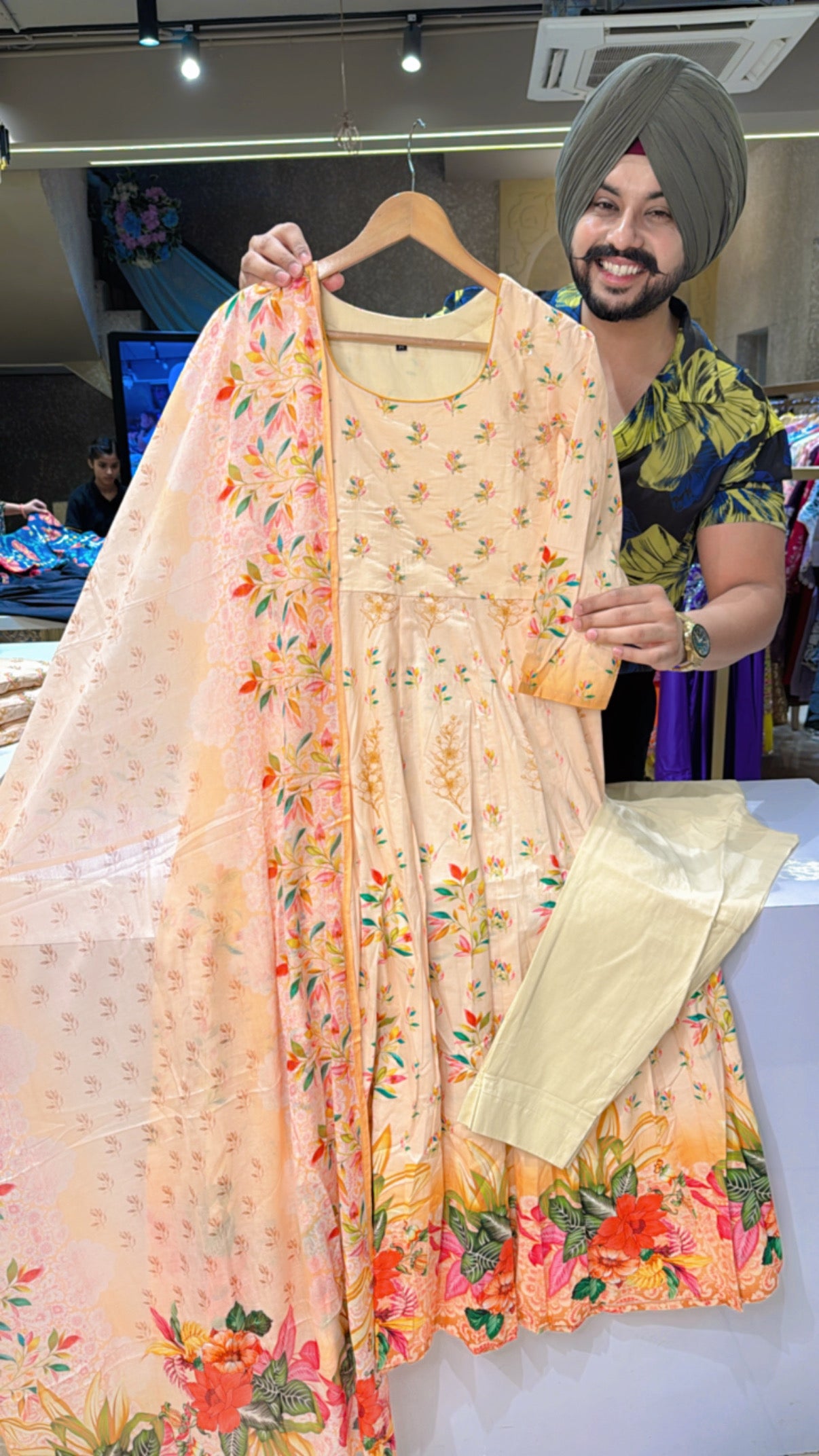 Peach Pure Cotton Full Flair Anarkali suit with Hand embroidery Work on neck & Mal Cotton Duppata