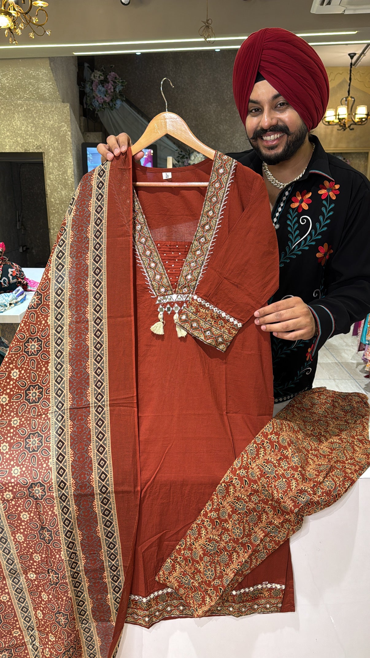 Rust Pure Cotton Semi Formal Straight Suit With Beautiful Embroidery work on Designer Neck