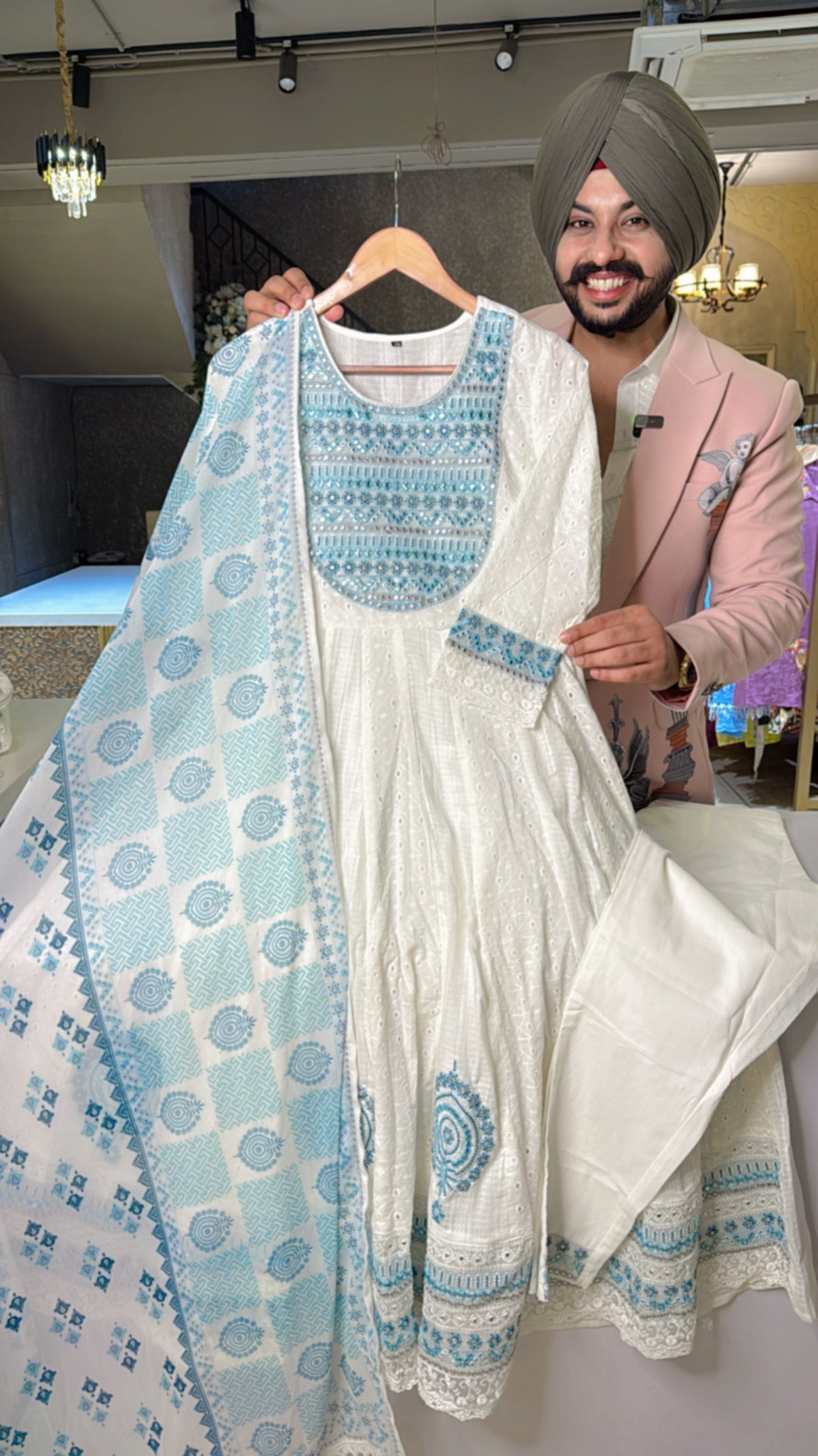 Moonwhite & Light Blue Pure Cotton Embroidered Anarkali Suit with Georgette Duppata