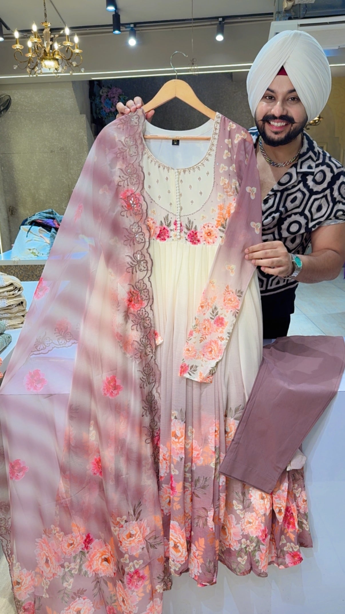 Off white & Onion Chiffon Full Flair Girlish Anarkali suit with Hand Embroidery Work on neck