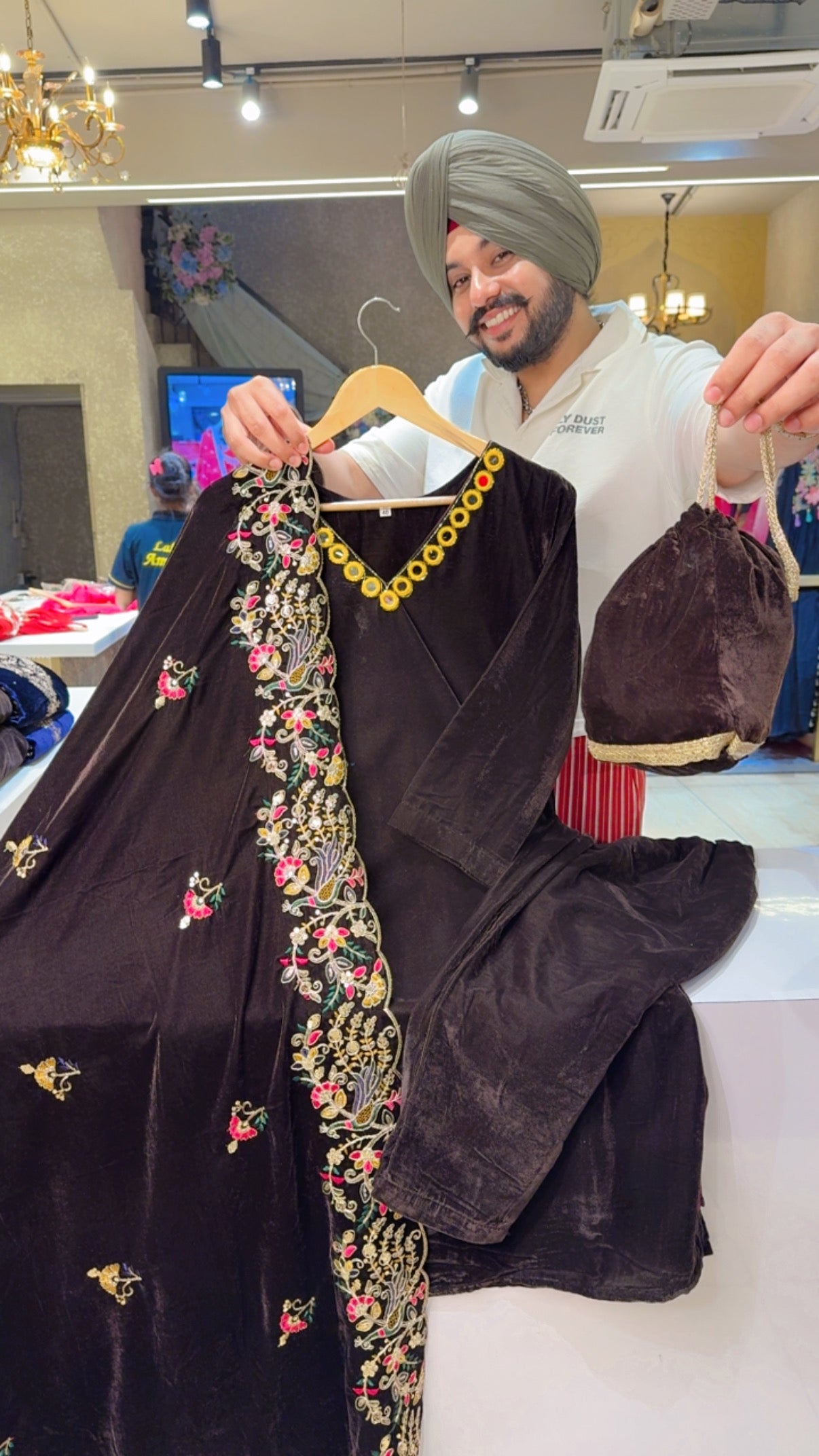 Dark Coffee Velvet Party Wear Suit with Hwavy embroidered Duppata & Cute Potli