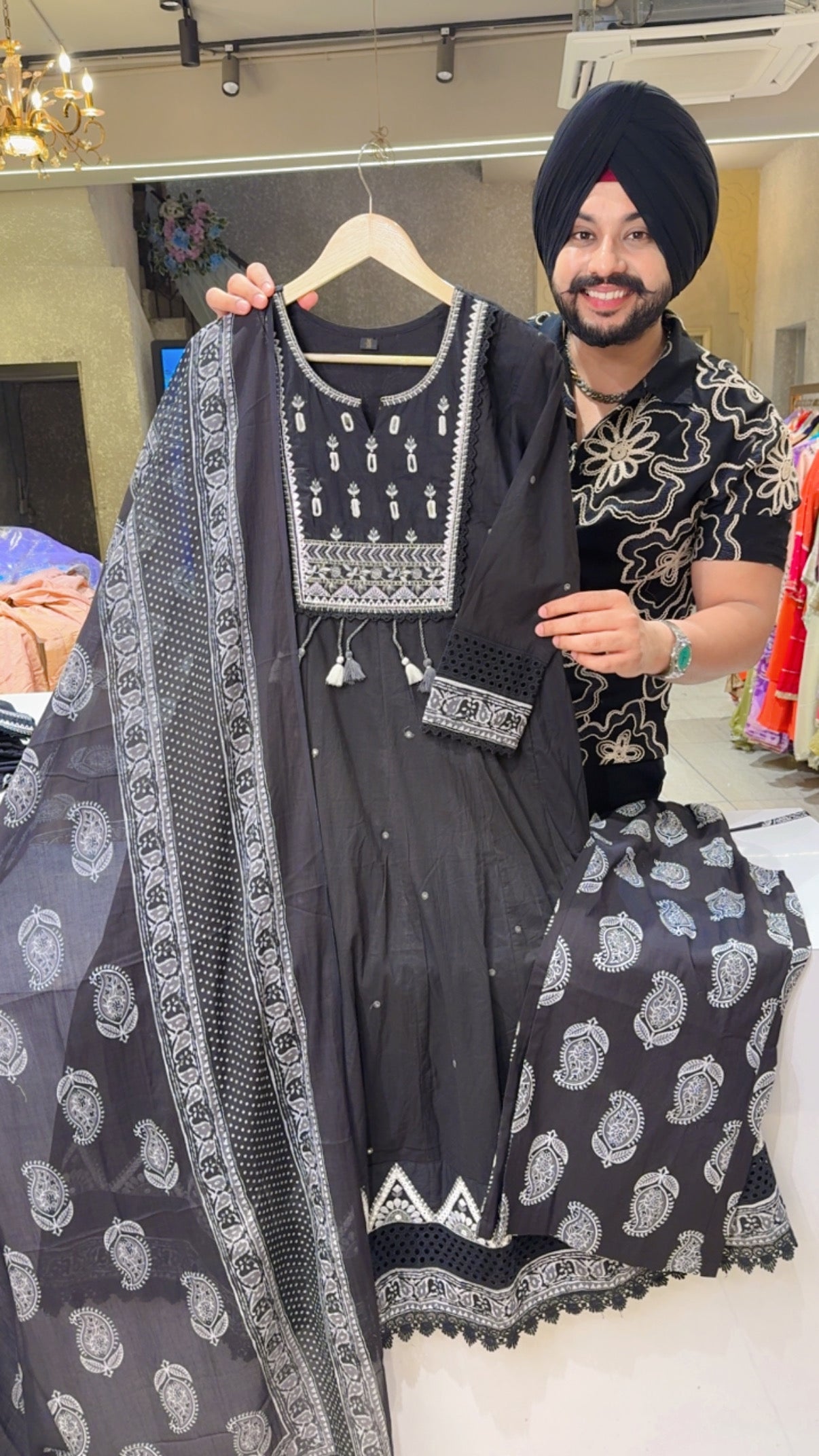 Black pure Cotton Embroidered & Shifli work Stylish Anarkali Suit with Beautiful Printed pants & Duppata