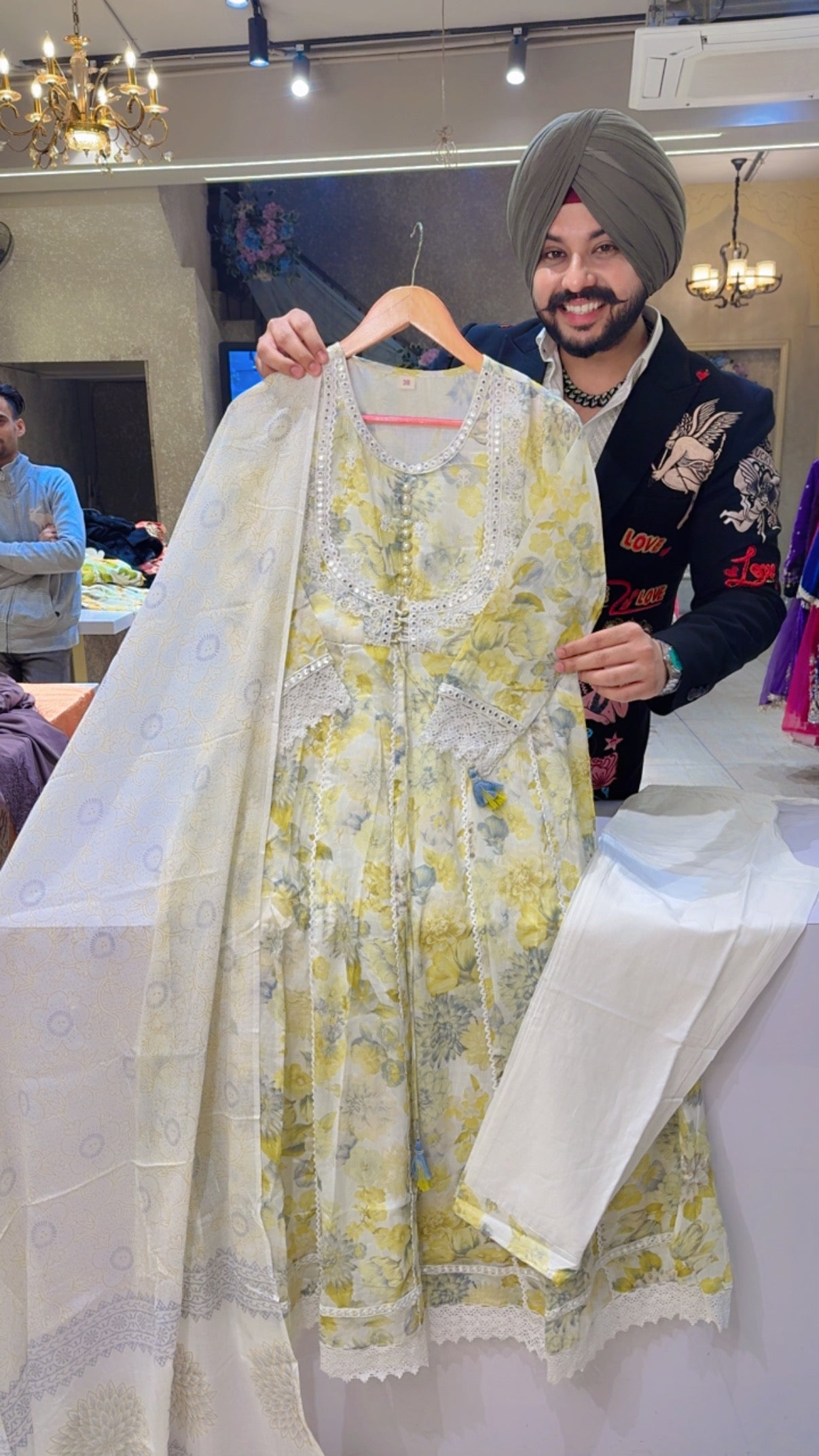 Off White & Lemon Mal Cotton floral Print Anarkali Suit with Beautiful embroidery Work on neck