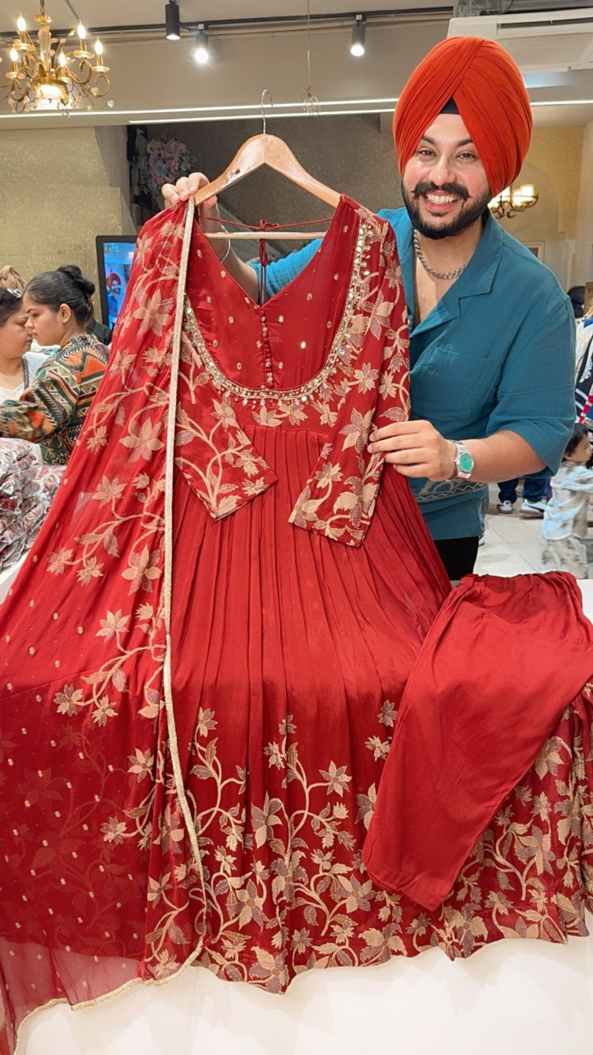 Rusty Maroon Chinon Block Printed Party Wear Anarkali Suit with Hand embroidery work on Neck