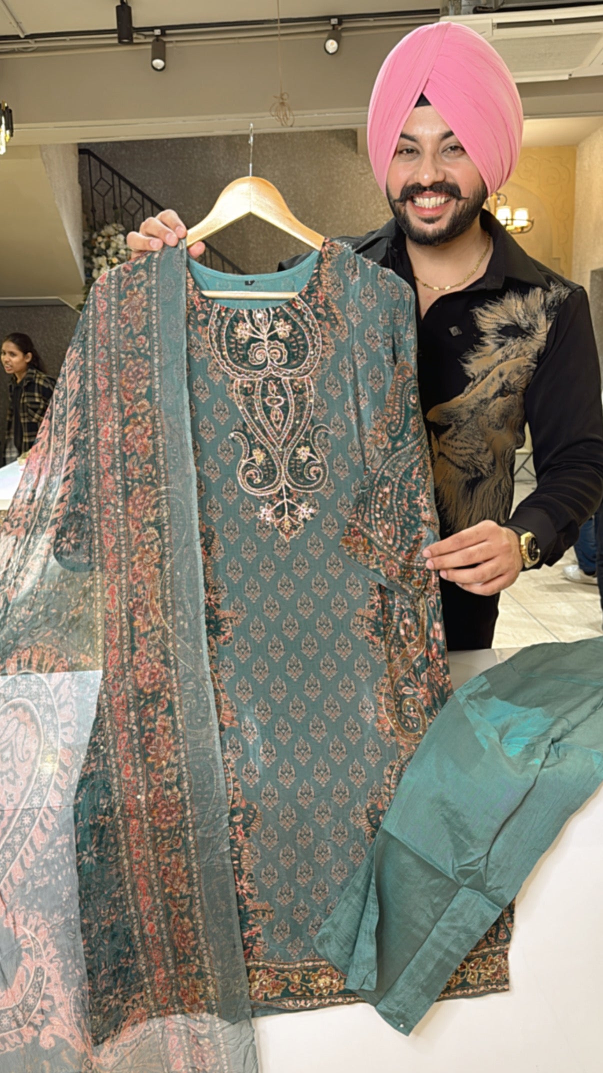 Light Rama Green Crepe Embroidered Straight Suit with Beautiful Chiffon Duppata