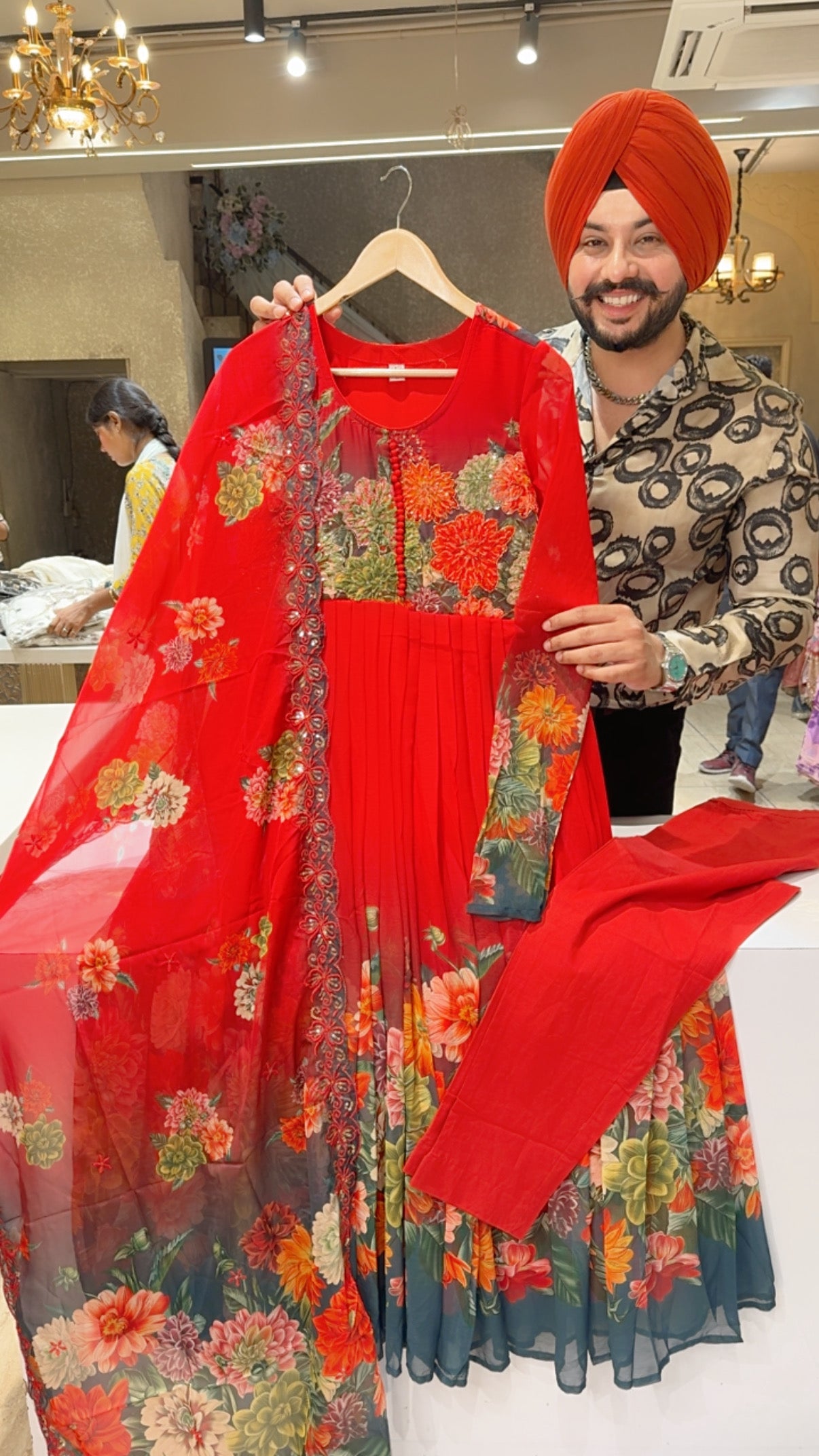 Red Chiffon Full Flair Floral Print Anarkali Suit with Beautiful Hand embroidery Work on neck & Sequins Work Organza Duppata