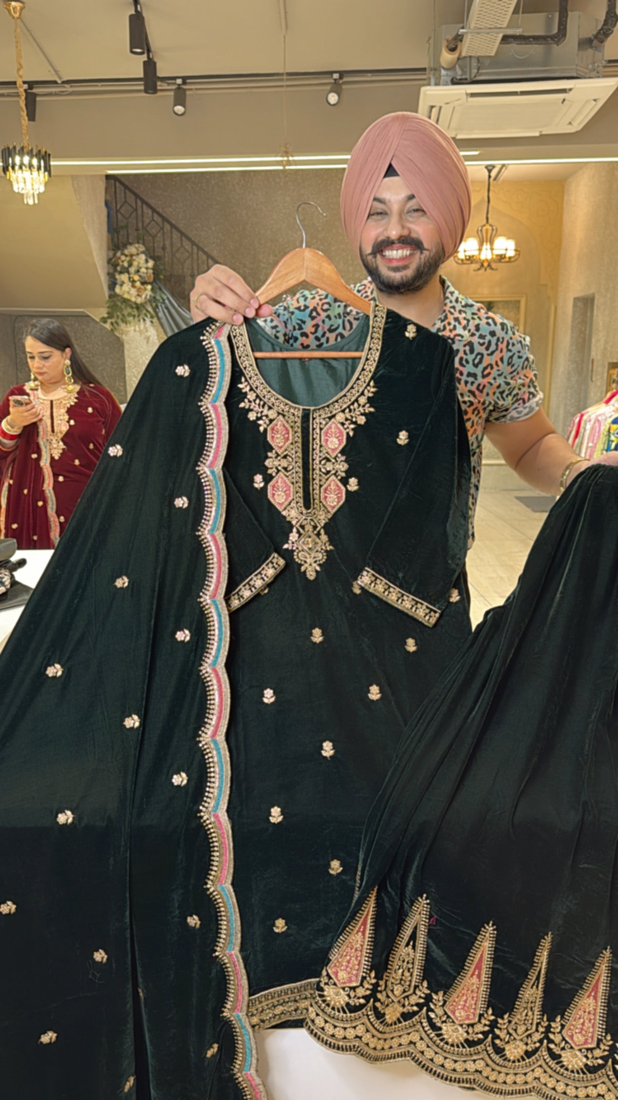 Dark Bottle Green Heavy Velvet Fully Embroidered Full Flair Azaaro suit