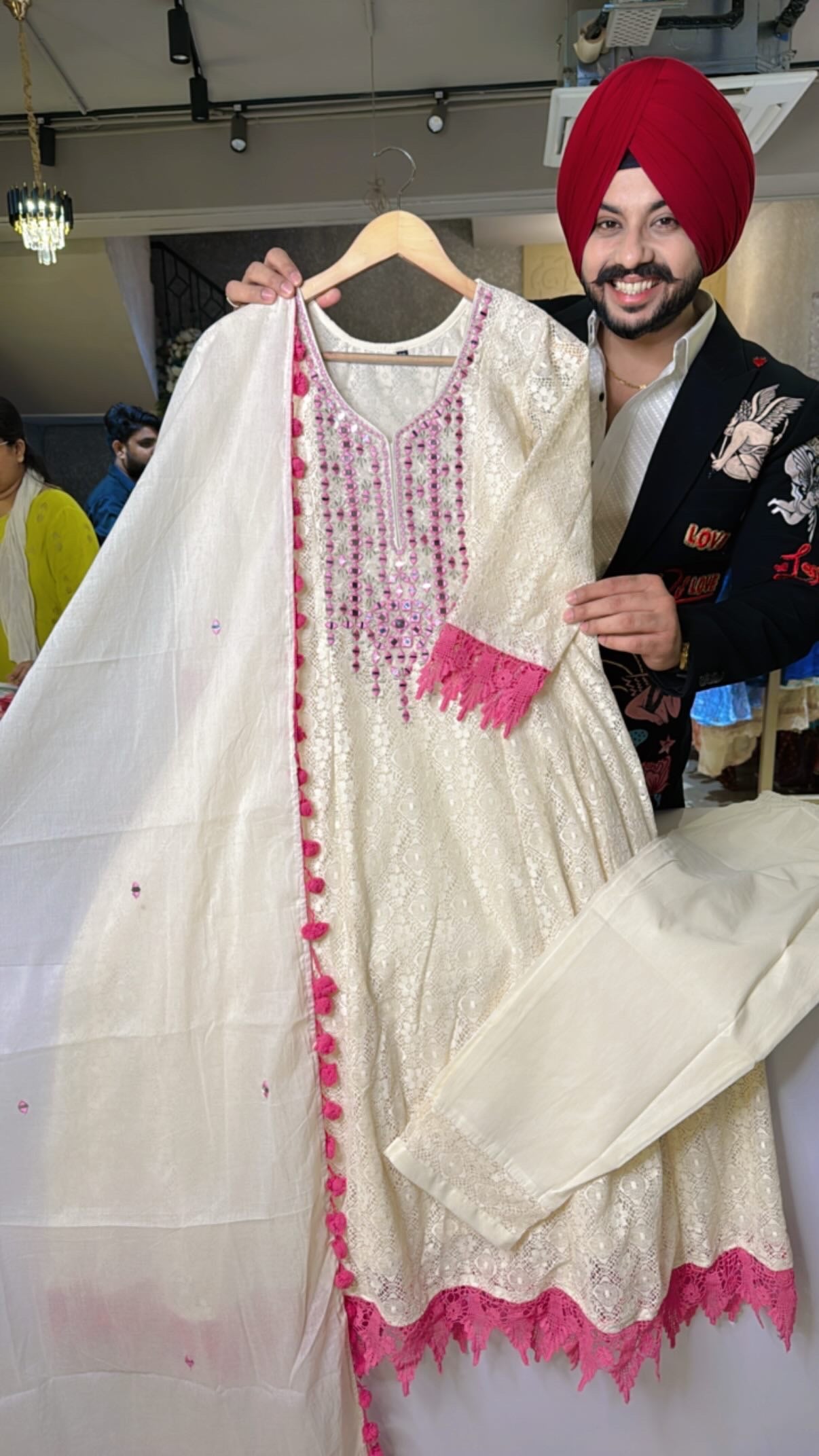 Off White Crochet Lace Mirror work Pakistani Anarkali Suit with Stylish cotton Pom-Pom Duppata