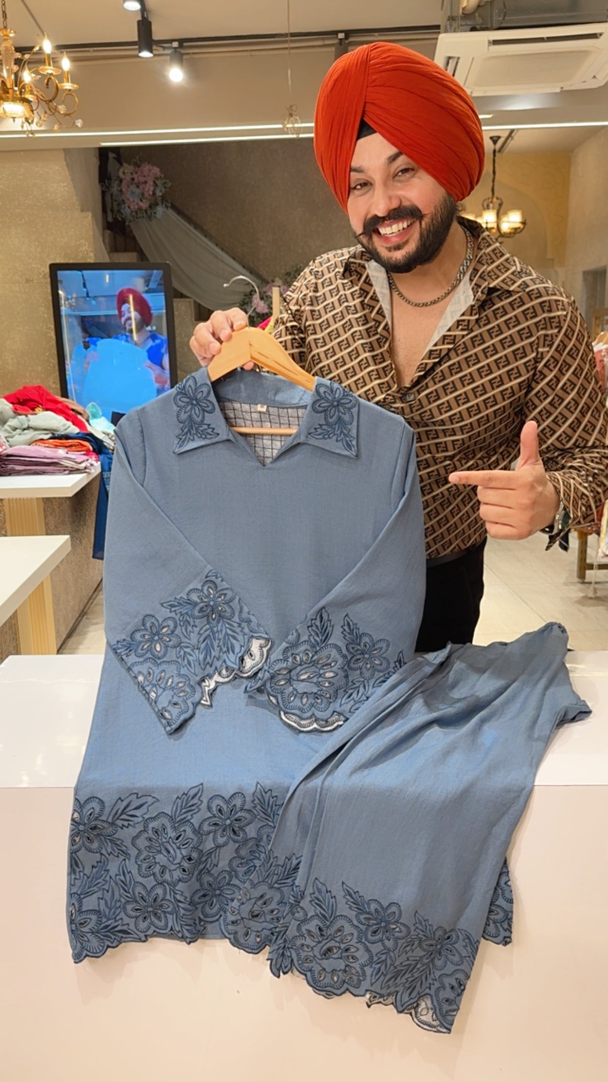 Denim Blue Collar Neck Coord set with Beautiful Embroidery & Cut work in Imported fabric