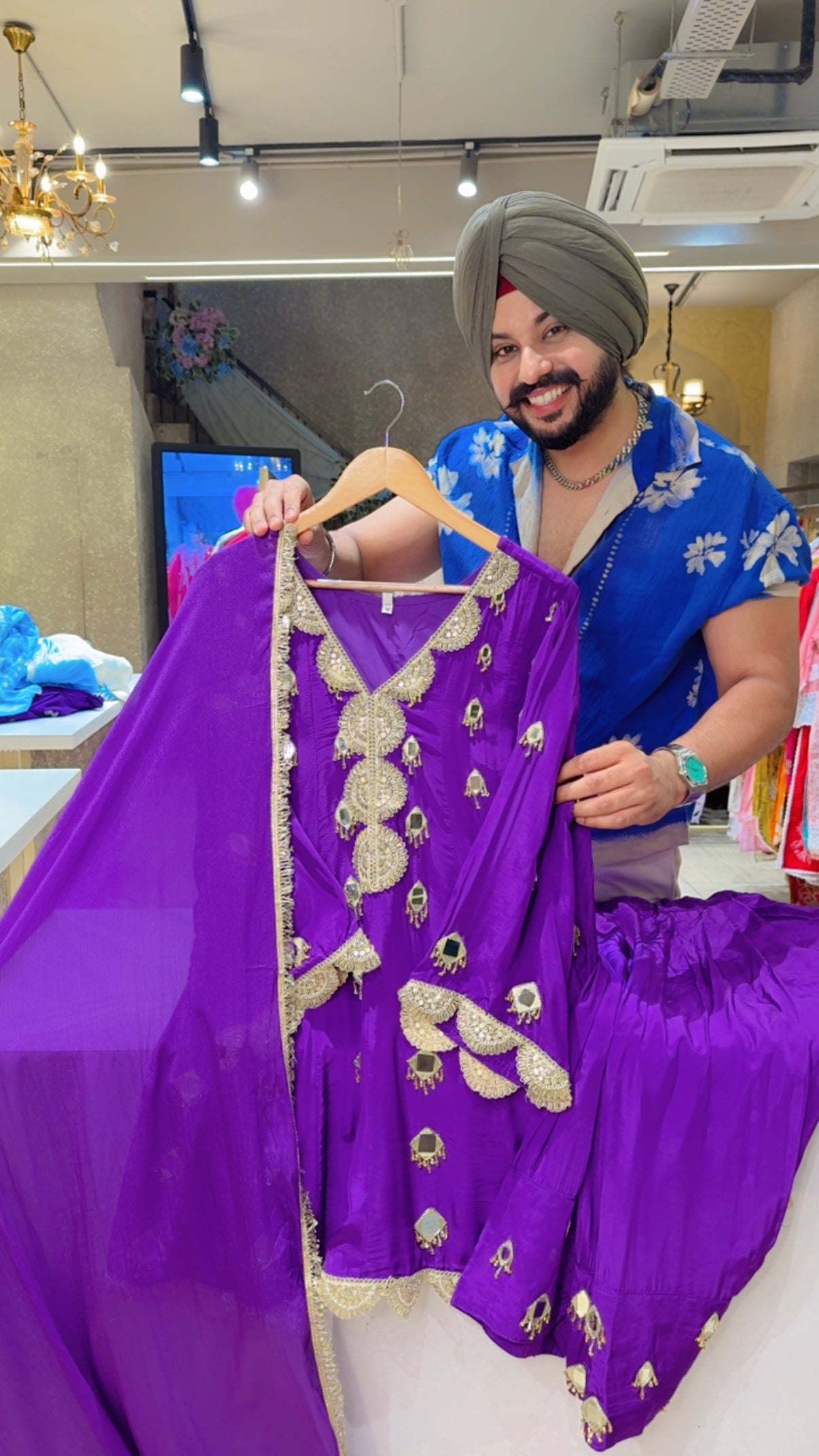 Purple Crepe Heavy Mirror & Hand work Paplum Farshi Salwar Set with Beautiful Chinon Duppata