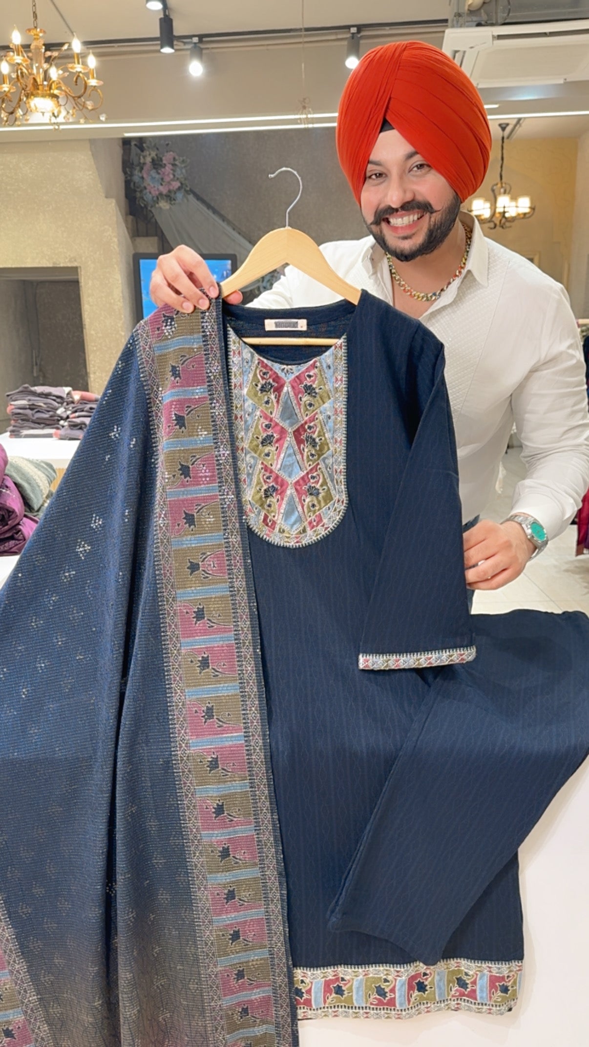 Dark Blue premium Woolen Embroidered Straight Suit with Floral Print Self Sequins Duppata