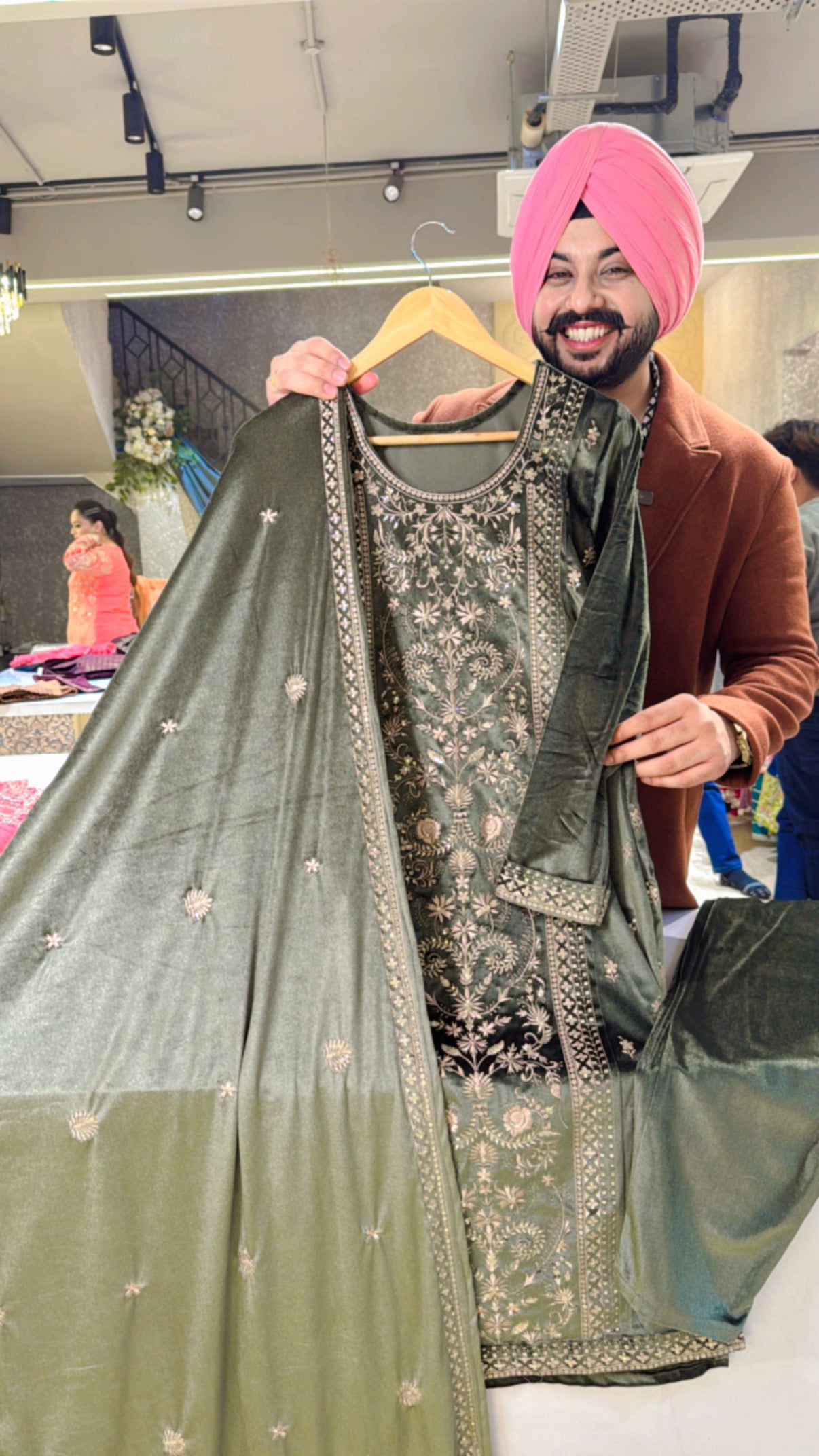 Olive Green Premium Strechable Velvet Heavy embroidered Straight Suit with embroidered Duppata