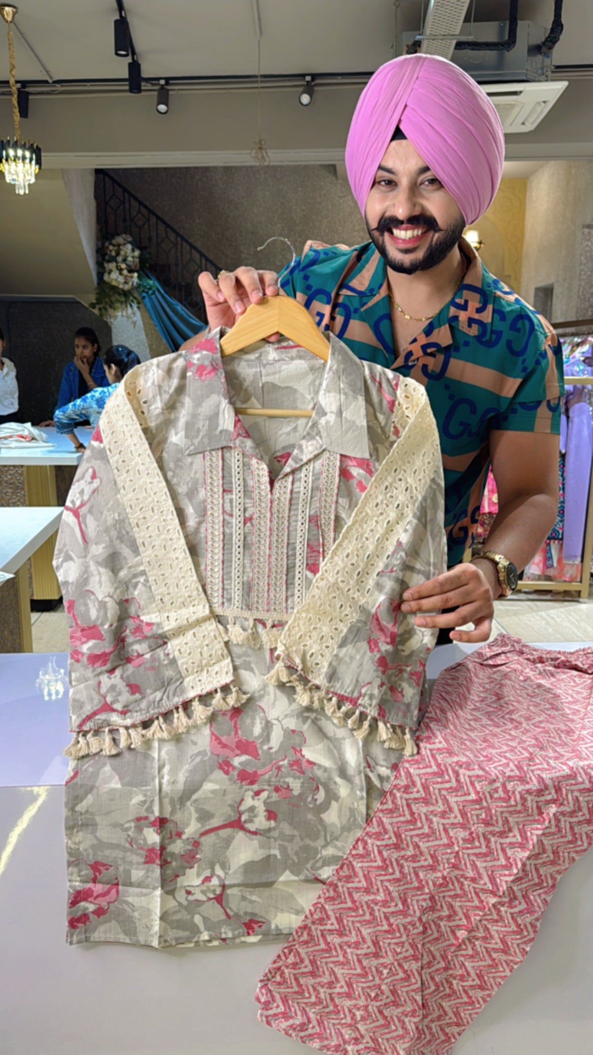 Light grey & Multicolored pure Cotton Collar Neck Coord set with Beautiful Shifli Work on Bell Sleeves