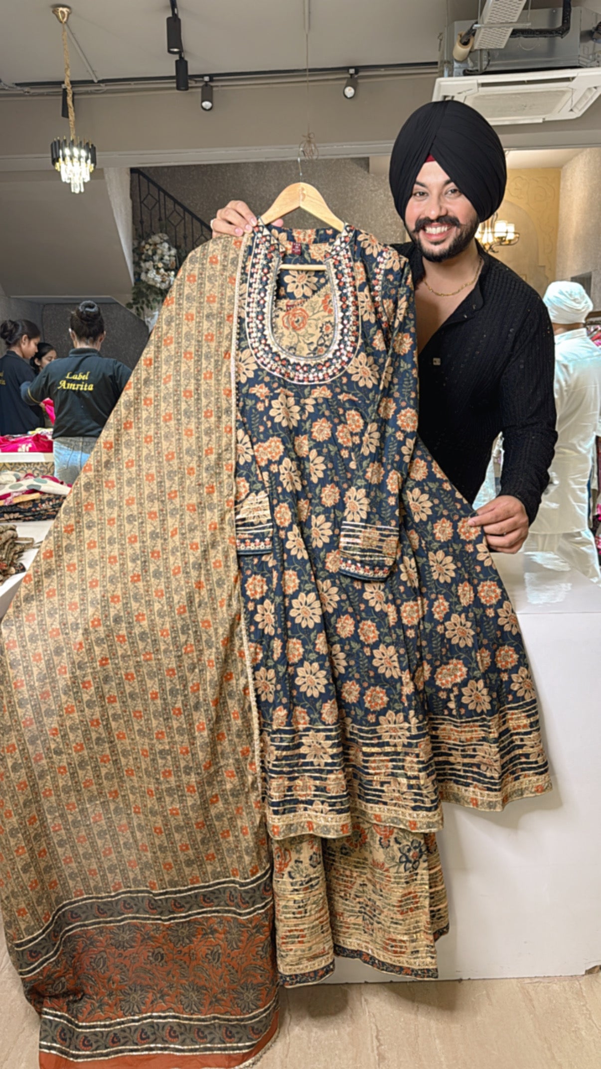 Blue & Beidge Pure Cotton Indowestern Double Flair Anarkali Gown with Beautiful Duppata