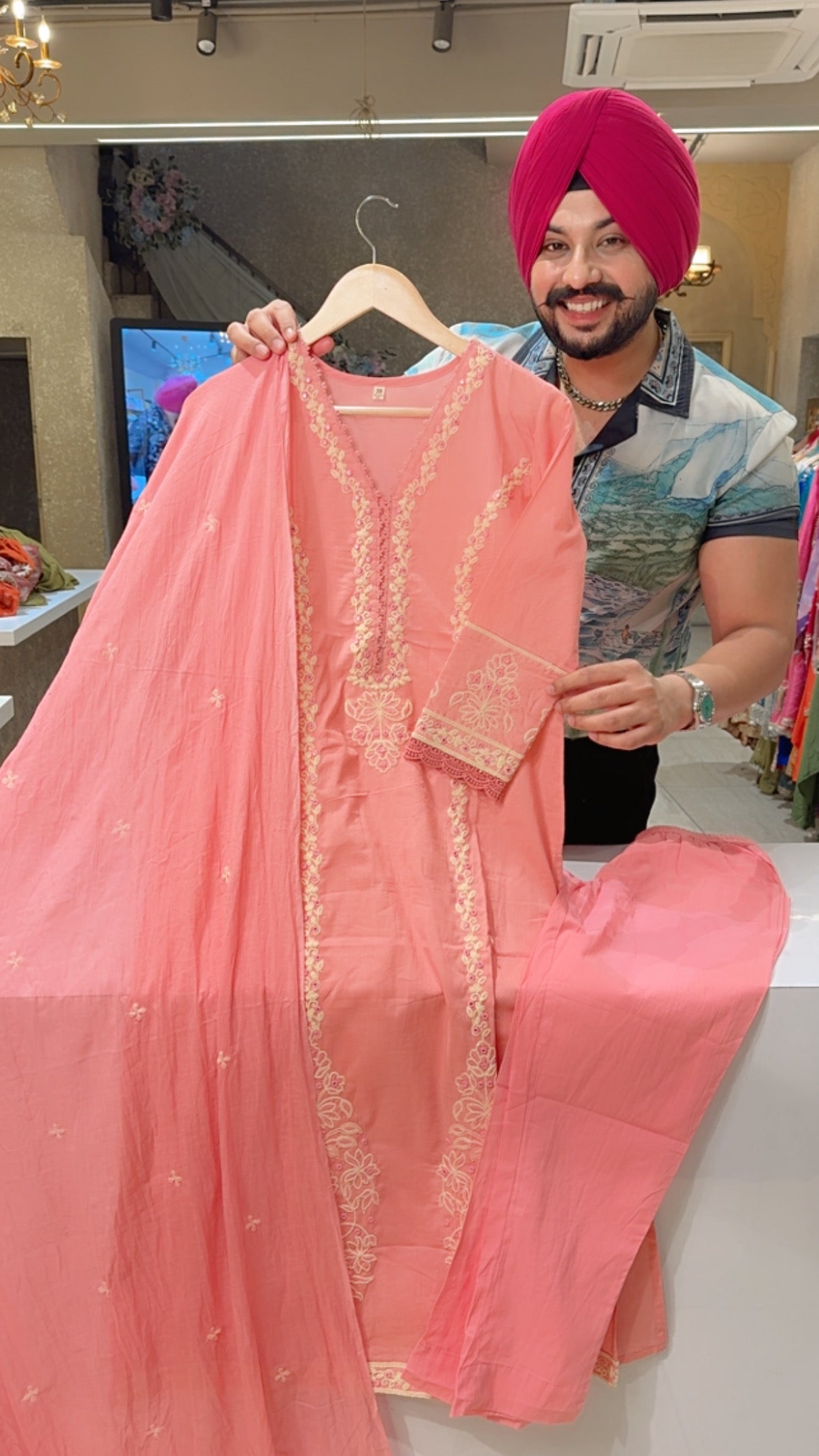 Pastel Pink Pure Cotton Fully embroidered Suit with Mal Cotton Crush Duppata