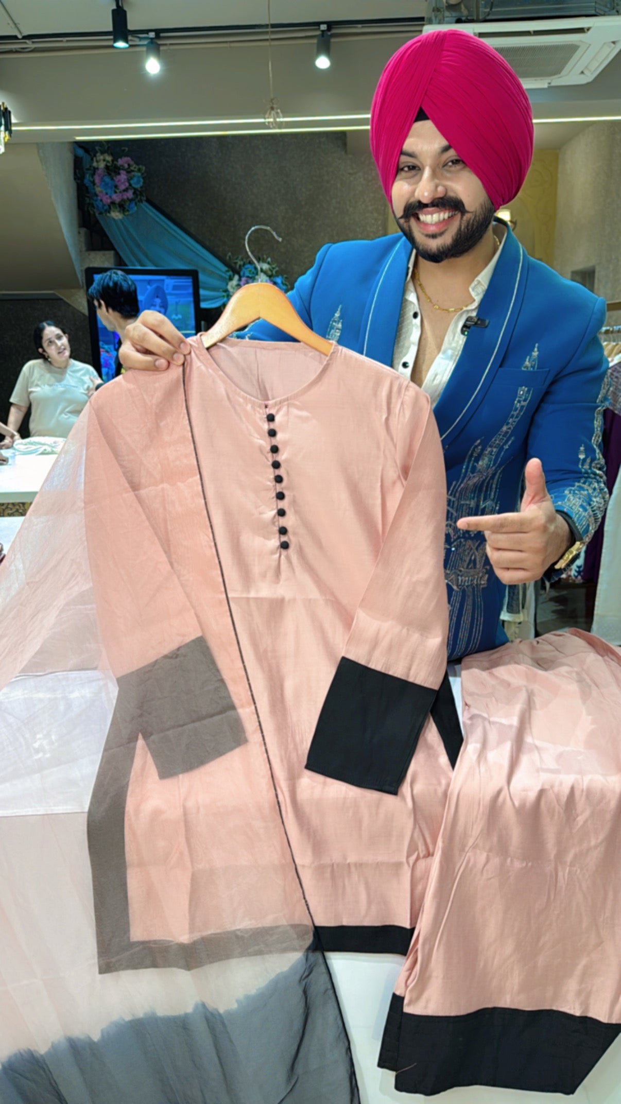 Nude pink Roman Silk Farshi Salwar Suit with Tie & Dye Organza Duppata