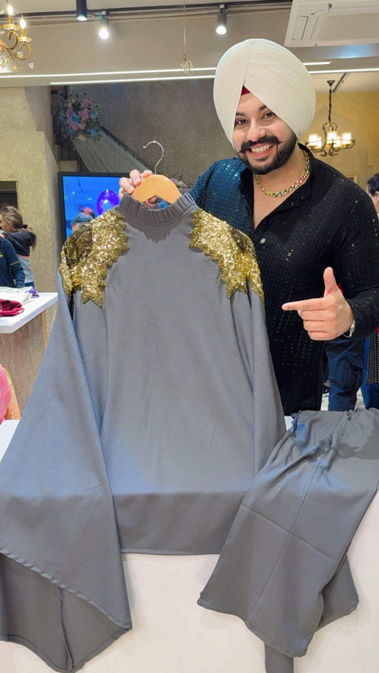 English Grey Imported Fabric Designer Butterfly Coordset with Beautiful Hand Sequins work on Shoulders