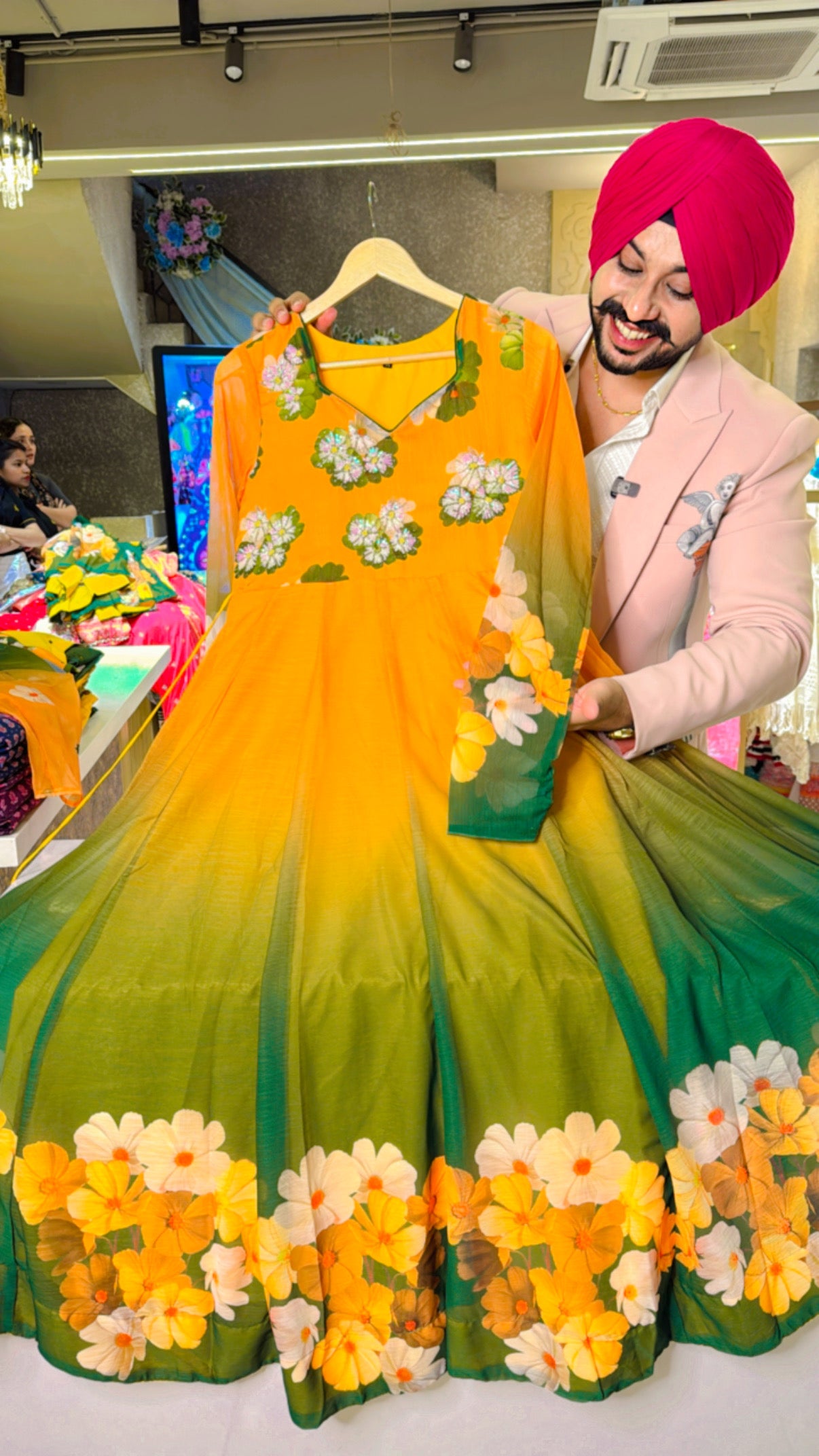 Vibrant Yellow & Green Soft Chiffon Floral Print Full Flair Anarkali Suit with Hand embroidery Work on neck & Embroidered Organza Duppata