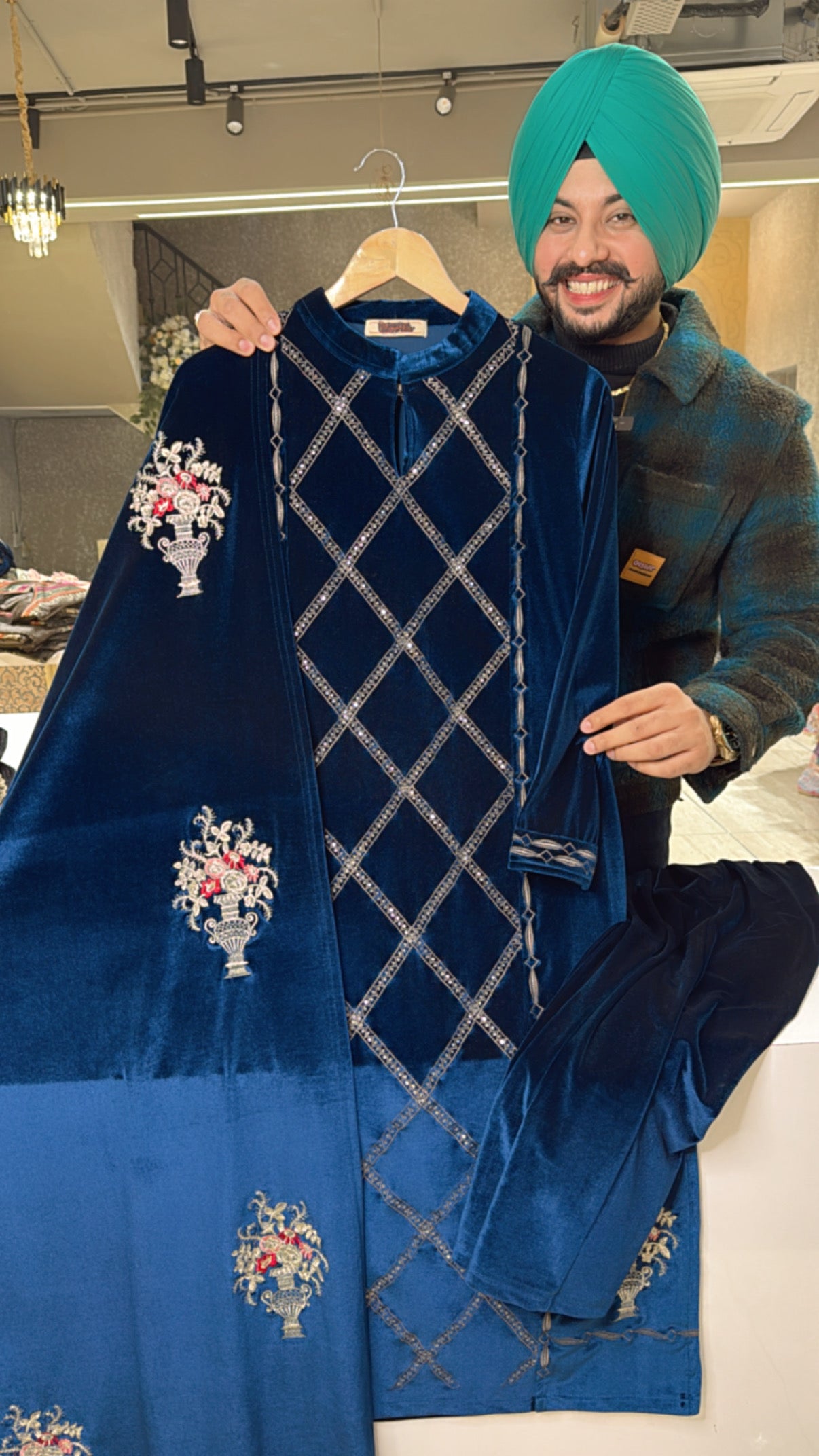 Teel Blue Heavy velvet Fully Strechable Straight Suit with Heavy embroidered Duppata