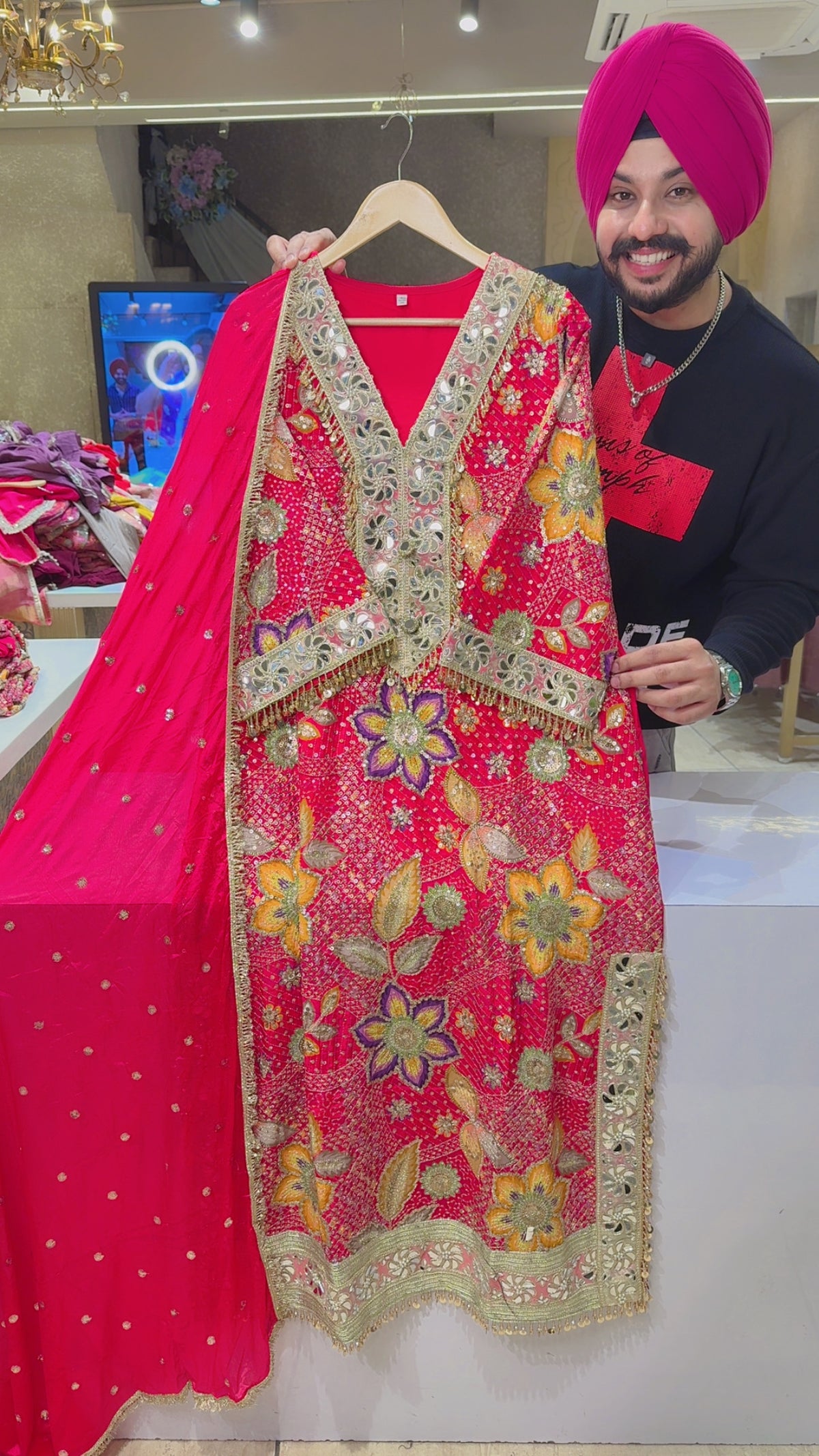 Rani pink Heavy Embroidered & Mirror Work Designer Kashmiri Choga sets