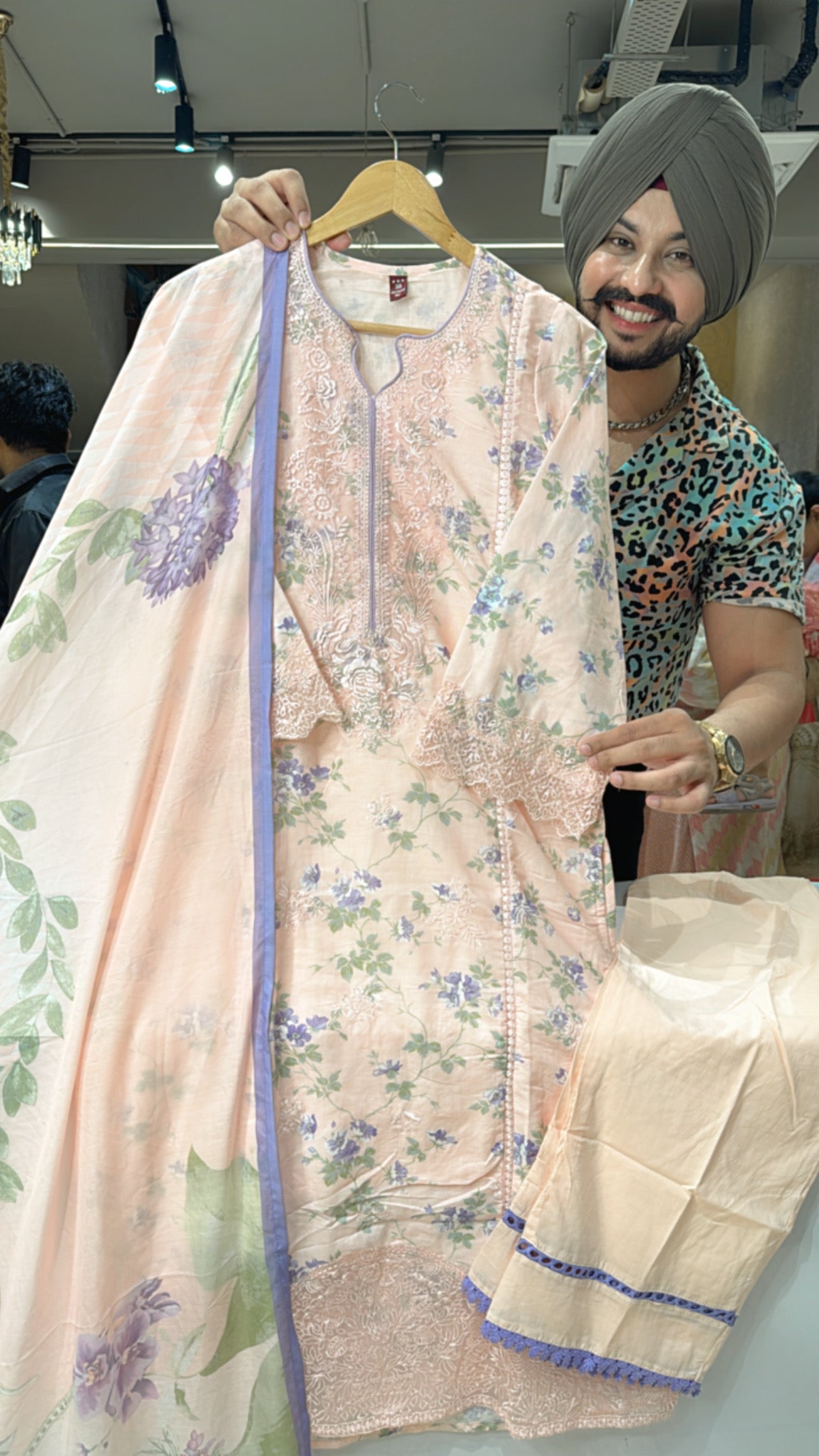 Peachish Pink Pure Cotton Floral print Heavy Embroidered Kashmiri Suit with Mal Mal Duppata