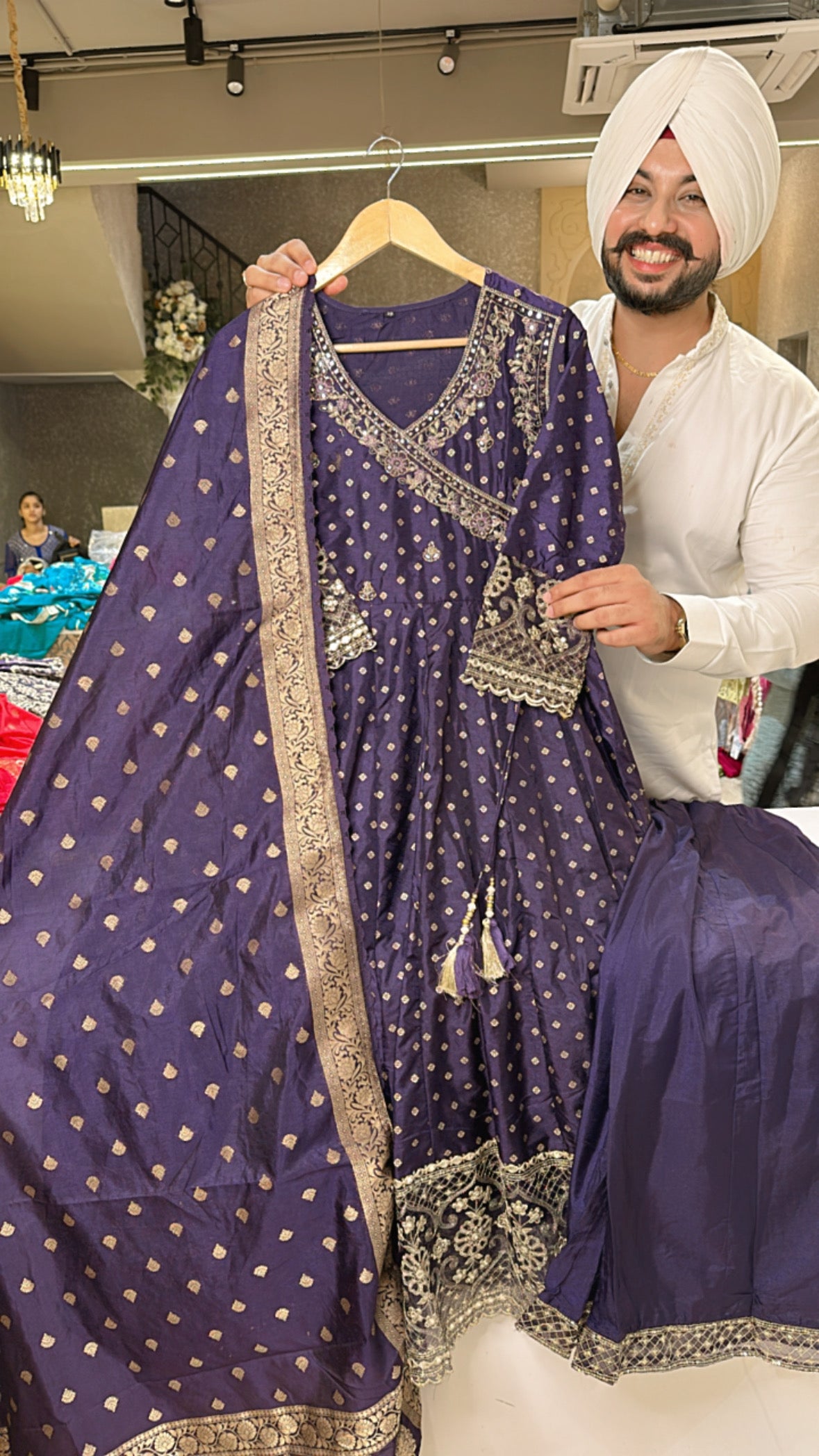 Dark Purple Soft silk Angrakha Anarkali Sharara Suit with Banarasi Duppata