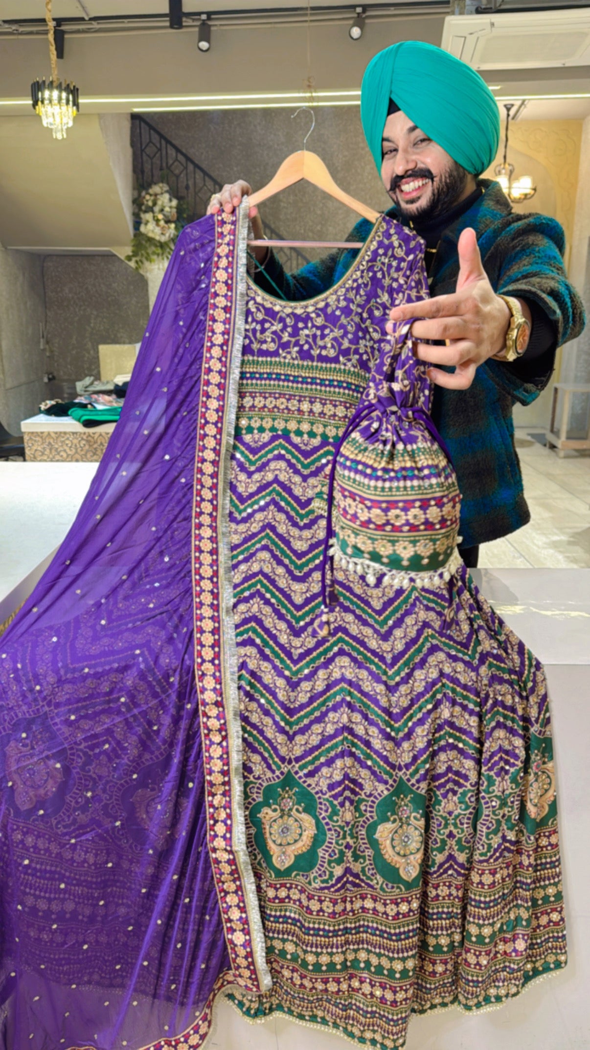 Purple Crepe Heavy Hand Embroidered & mirror pasting Anarkali Gown With Beautiful Duppata & Cute Potli