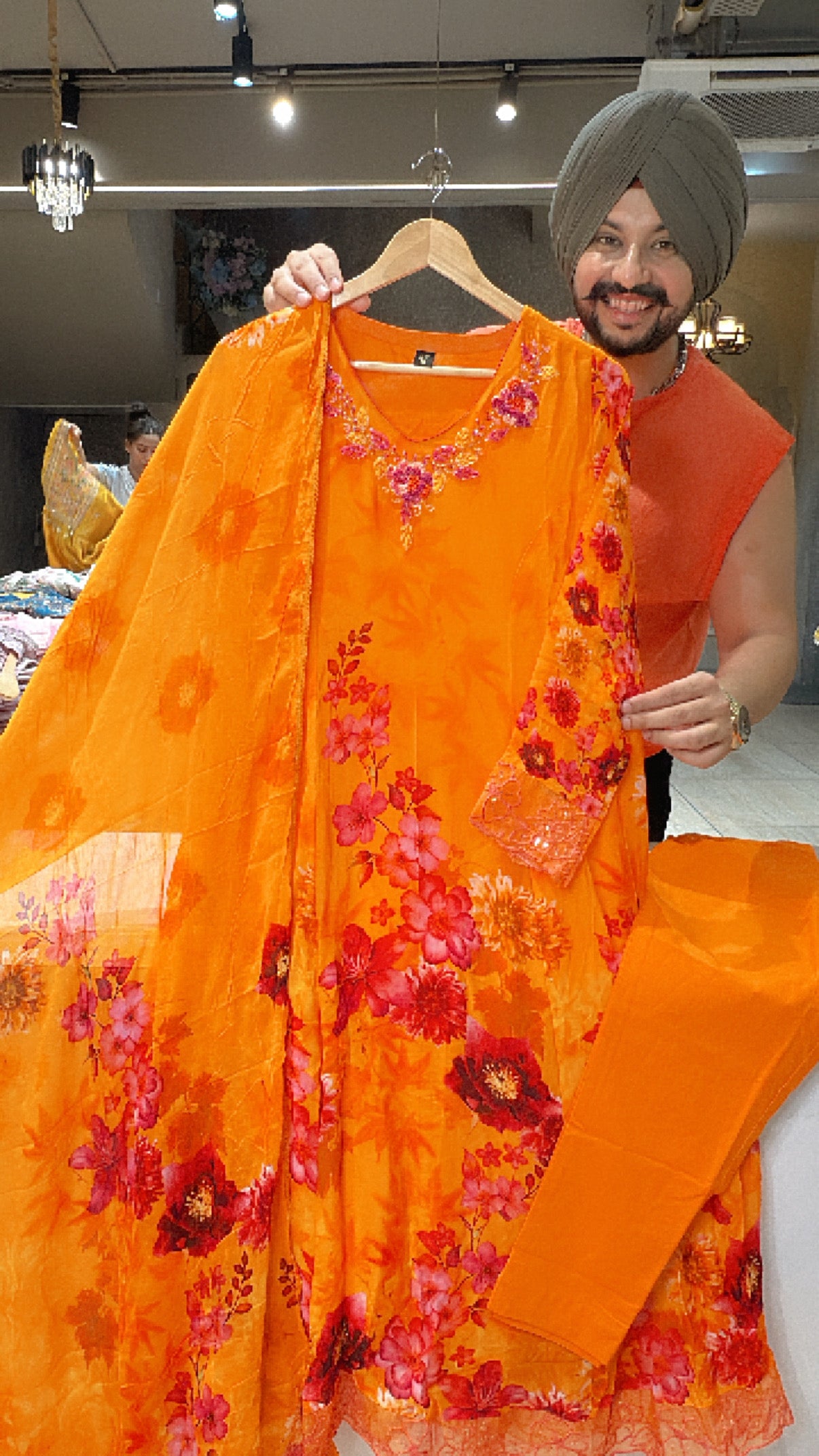 Orange Georgette Floral print A-line Suit with Hand Embroidery work on neck & Sleek Duppata