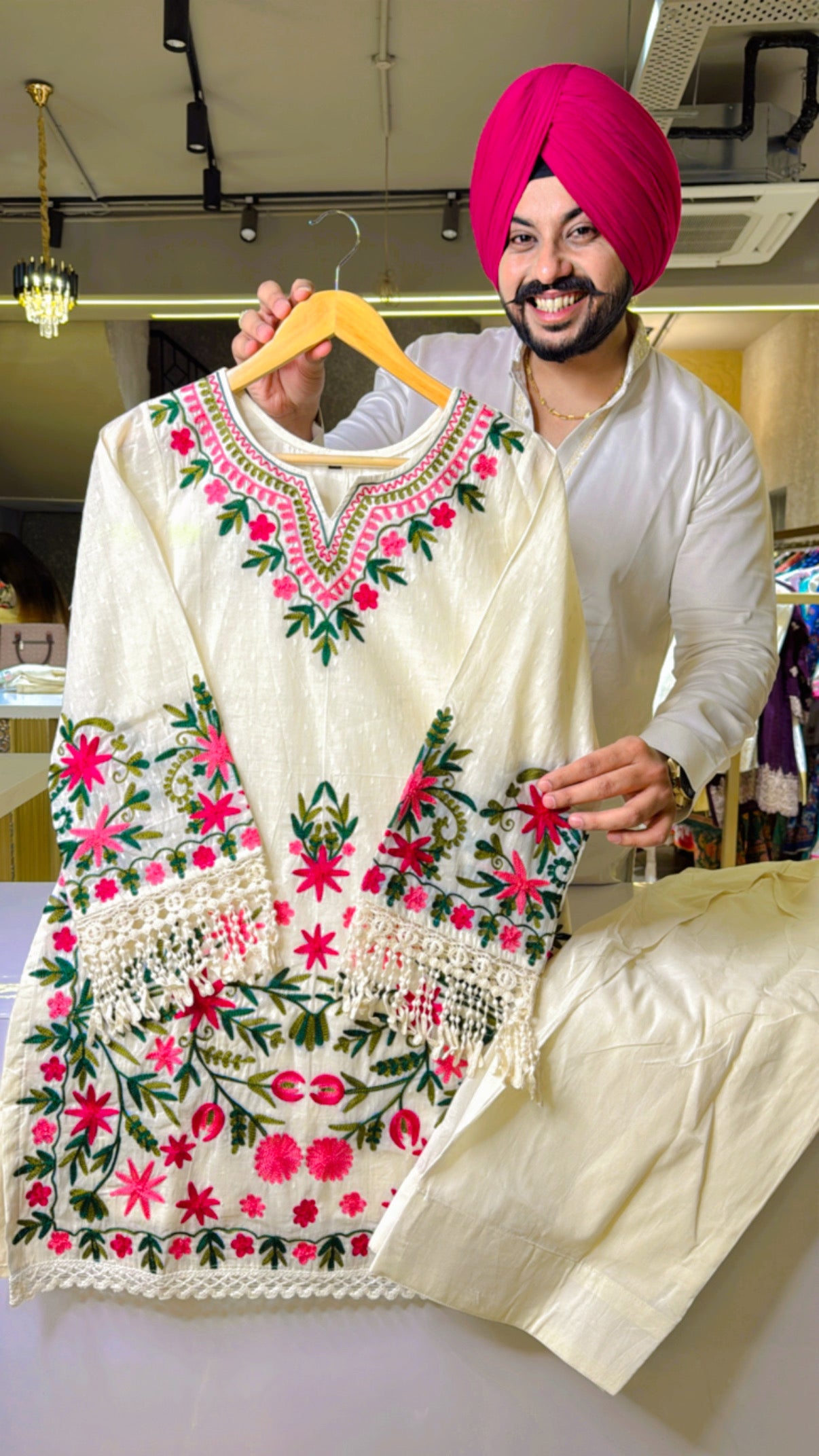 Off white Kora Cotton Heavy Kashmiri Embroidered Farshi Salwar set with Beautiful Bell Sleeves