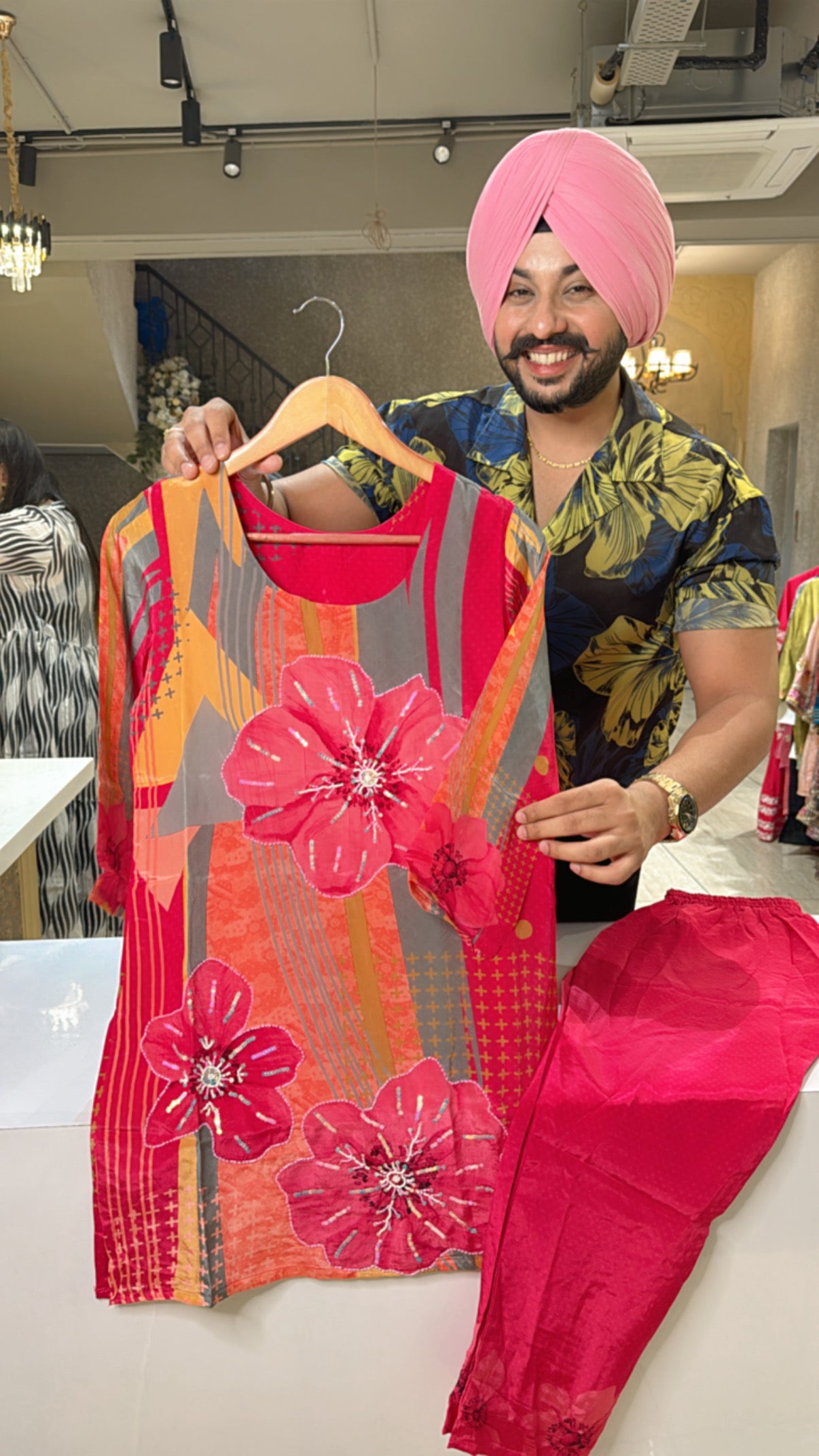 Rani Pink Crepe Floral Print print Hand embroidered Coord set