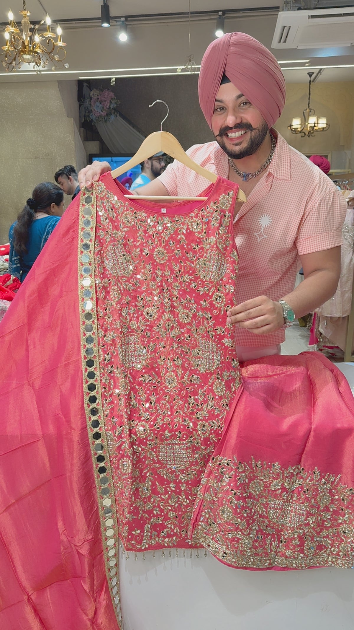 Pink Shimmer Silk Fully Hand embroidered & Mirror Pasting Boat Neck Paplum Bell Bottom Heavy Suit