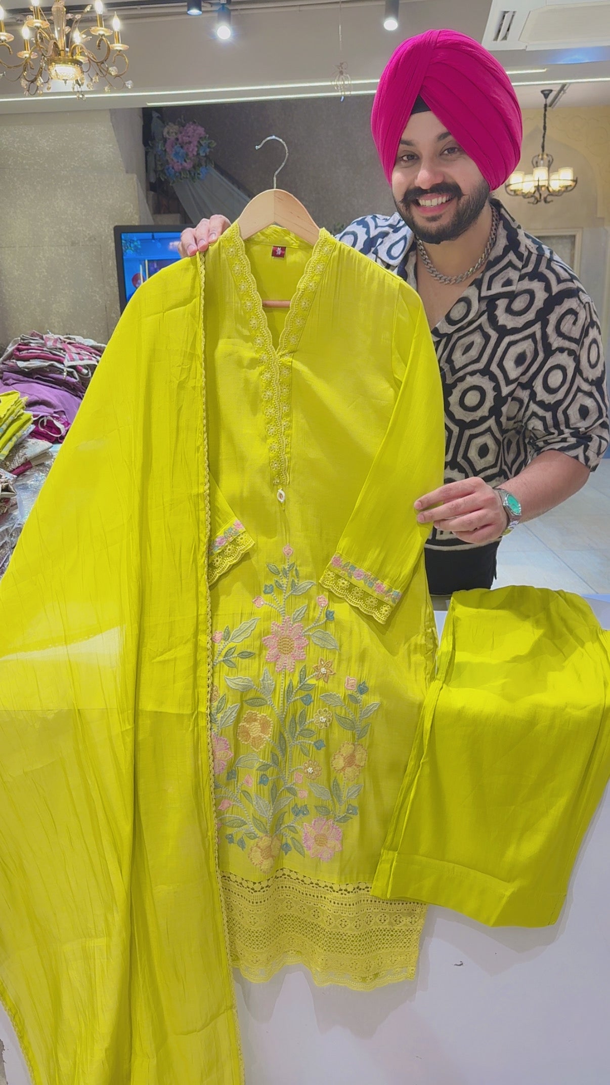 Lime Yellow Mal Chanderi Floral Print Semi Formal Suit