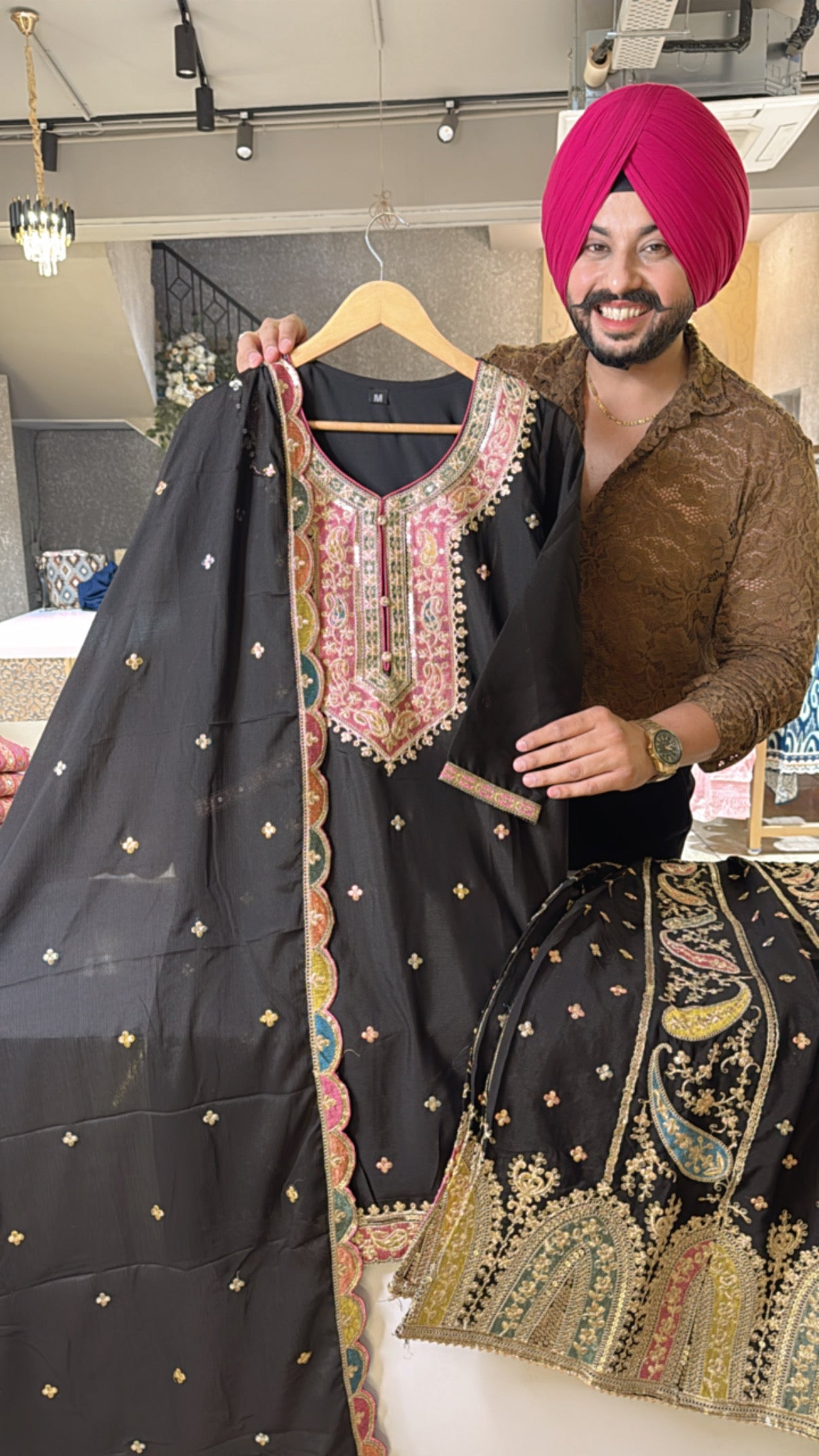 Black Chinon Heavy Embroidered Full Flair Sharara Suit with Embroidered Duppata